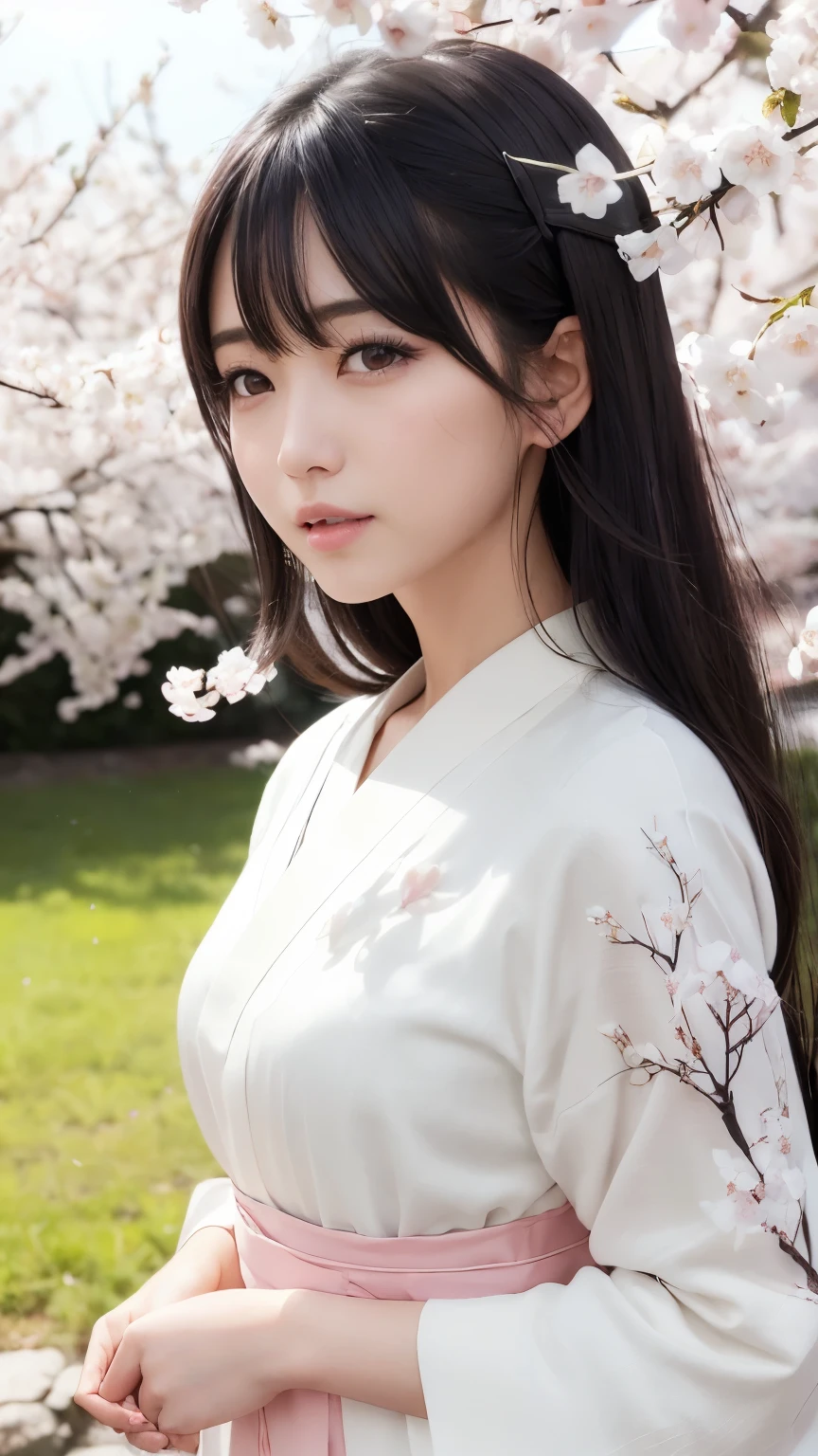 (logo、masterpiece、8k、Tabletop、RAW Photos、wonderful、最high quality、Realistic、Very detailed CG 統合 8k 壁紙、high quality、Very detailed、Narrative poem、Particle Effects、Dynamic Effects、Written boundary depth、Cinematic Light、Lens flare、Ray Tracing)、Fantasy、 (1 Beauty、White kimono、Japanese Clothing、White cherry blossom pattern、White cherry blossom embroidery pattern、Black-haired、Beautiful Face、True Face、Beautiful details in the eyes、Beautiful Skin)、Hair flutters in Wind、Hair bounces、Pink cherry blossom tree、Petals flutter、SakuraFubuki、wonderful景色、Morning Glow、Sun in the background、Wind、god々、teeth、god話、Vast land、