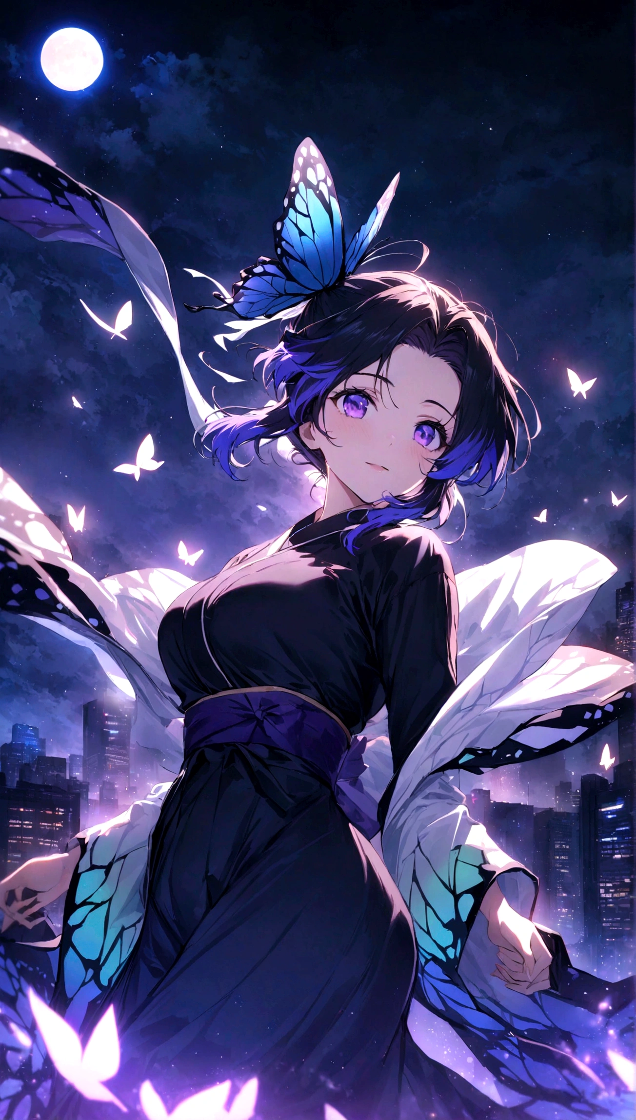 masterpiece, best quality, very aesthetic, absurdres, floating hair, floating clothes, Epic and grandiose scenes,,Kochou Shinobu, Decorate your hair with a butterfly, violet eyes, multi-colored hair, Short hair, Parted bangs, Japanese dress,cityscape, leaf, moon, night, night_sky, outdoors, sky, skyscraper,