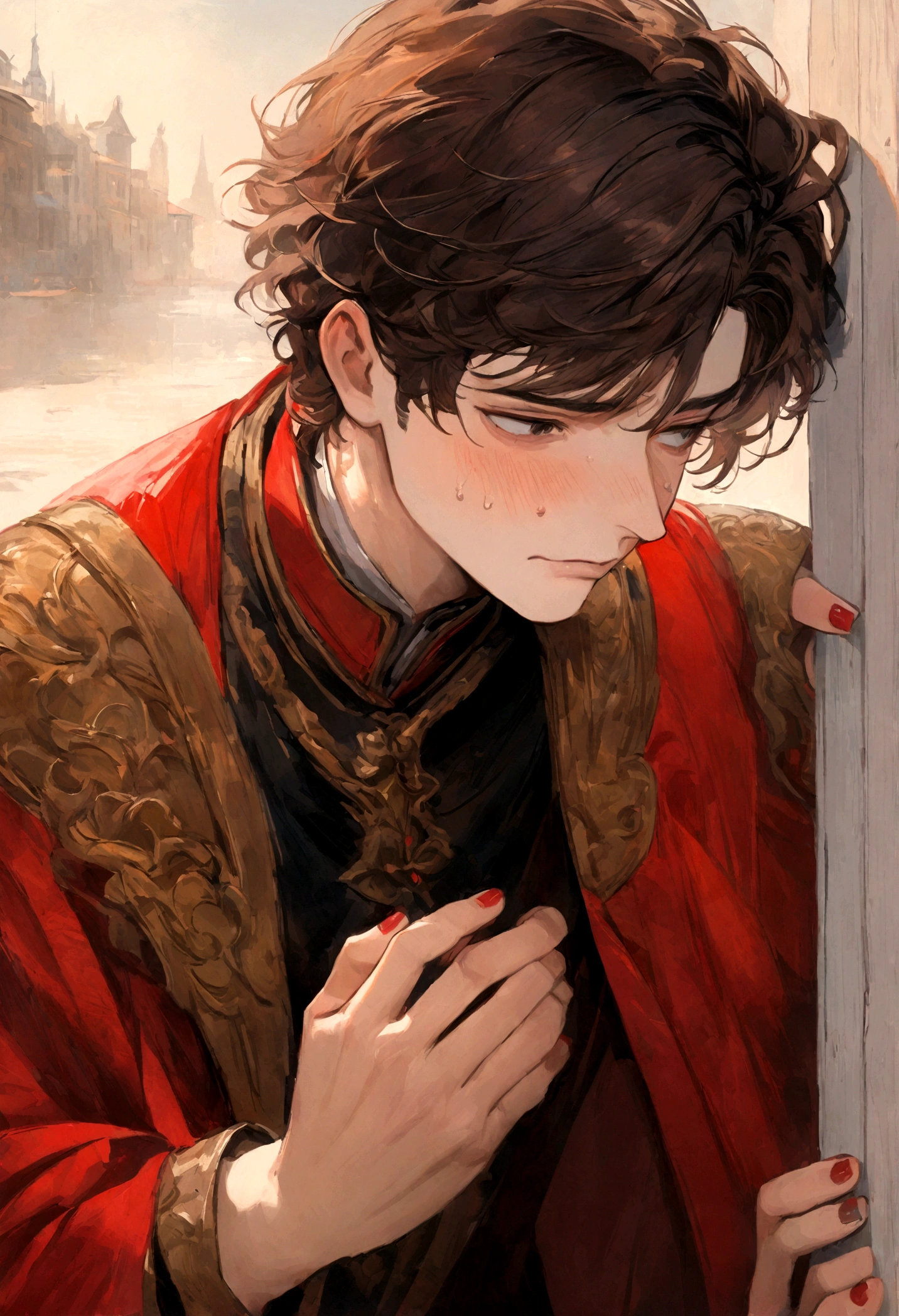 A boy with brown hair, dressed in red clothes, banging nails into a white fence, with a sad expression on his face. oil painting, 8K