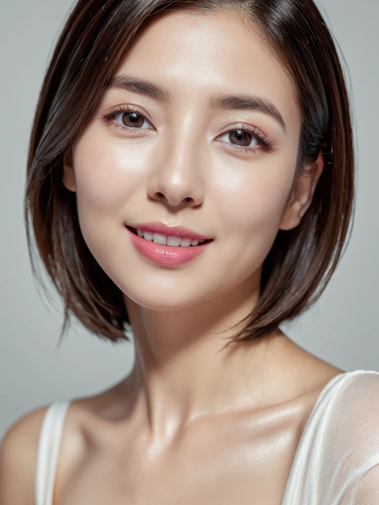 highest quality、8k Masterpiece、superA high resolution、(Photorealistic:1.3)、RAW Photos、1 girl、Black Hair、extremely detailed Glowing Skin、40age、Portrait、Global Illumination、Shadow、Octane Rendering、8k、Super sharp、Beautiful breastetal、Cold colors、Very intricate details、Soft Light、CGSoation Trend、extremely detailed Beautiful Eyes、Shining Eyes、To the camera、Neon Details、extremely detailed Clear skin、short hair、smile、Featured on cosmetics website、Elegance、Photo Studio、short hair、white lingerie、more lighting, photo painting, Picture-perfect, 
