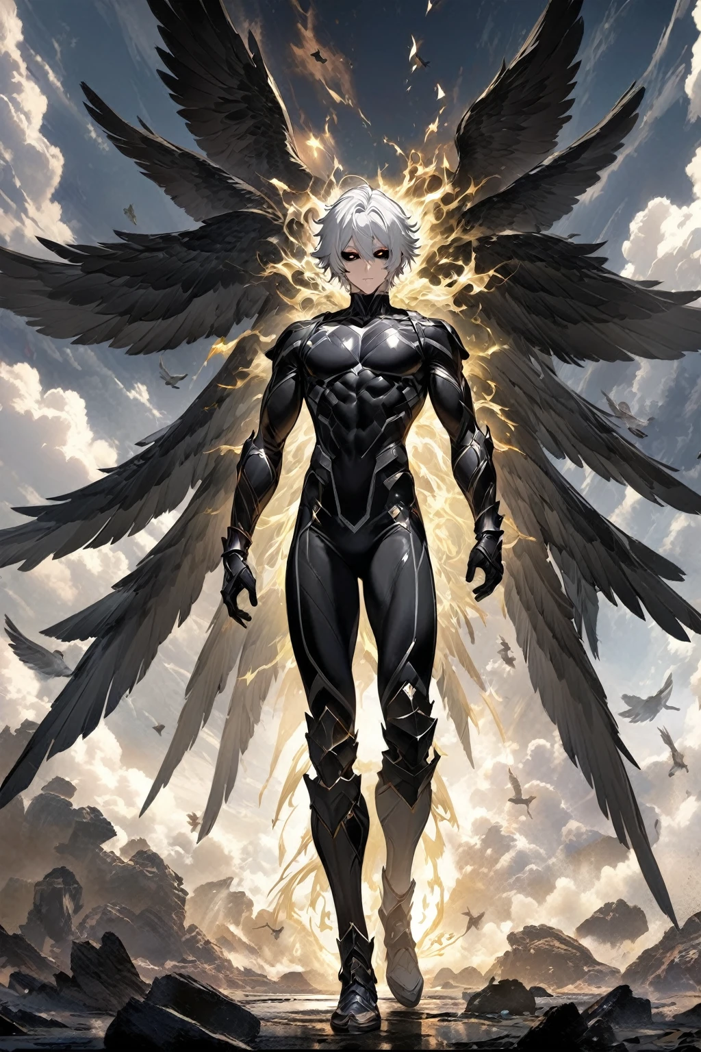 8K resolution, Very detailed, Digital painting, Concept art, highest quality, Best quality, One, beautiful, 1 male angel, ten large black wings(ten wings), 10 bird wings(ten wings ), with a sports body, V-shaped body, ancient Greek obsidian armor, short hair, black and white hair (black and white hair), black sclera and golden eyes, aura of holiness around it, against the background of clouds and heaven