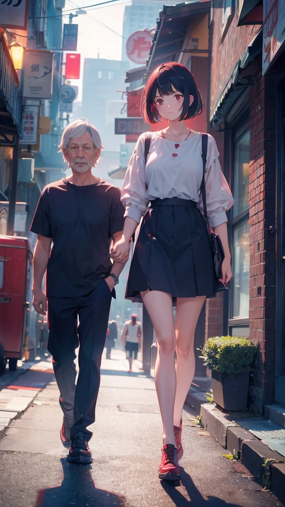 A girl with short bob and red eyes and her father,Walking hand in hand