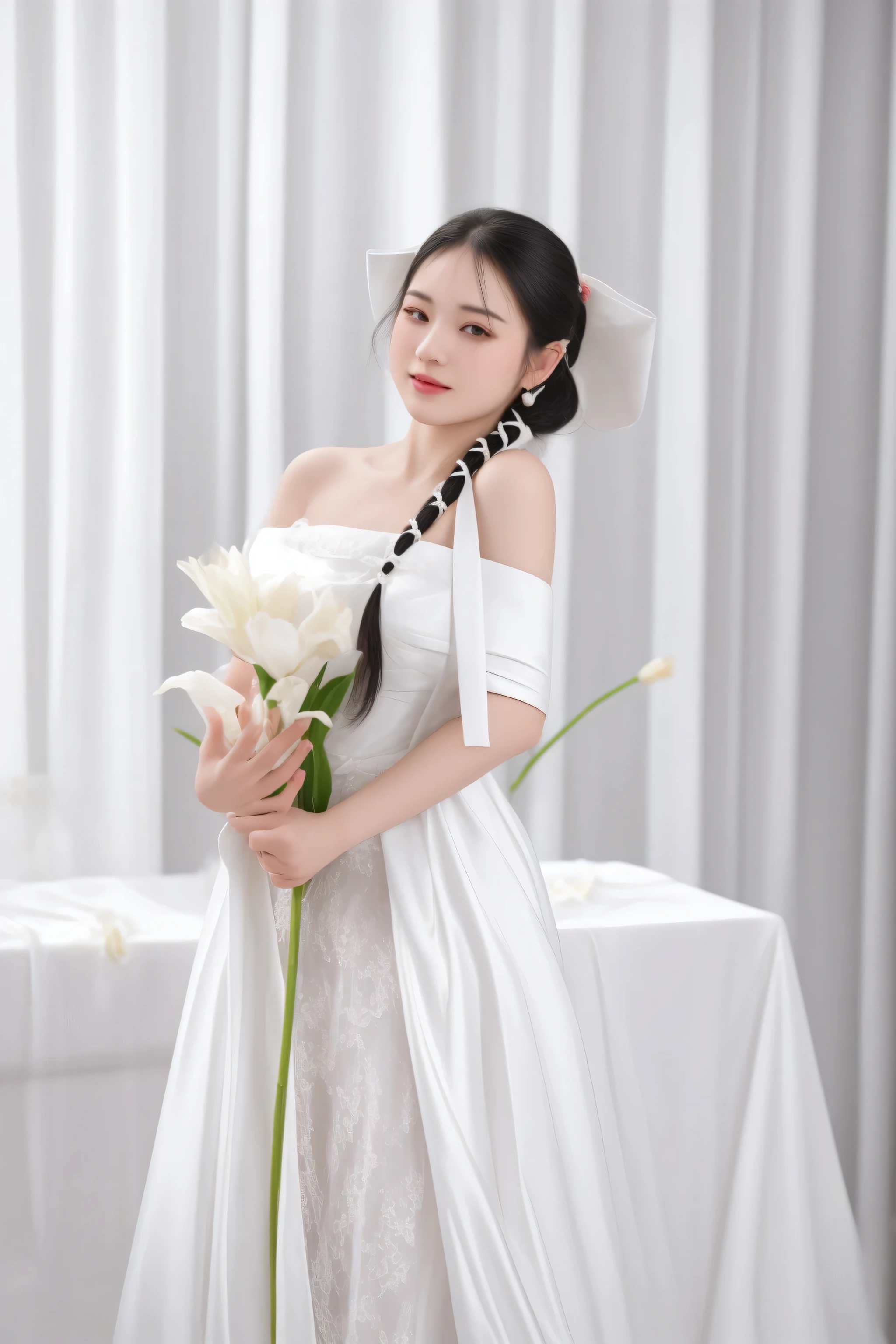 there is a woman in a wedding dress holding a flower, white hanfu, a beautiful woman in white, chinese girl, chinese woman, jia, traditional chinese, wearing white silk, white gown, beautiful south korean woman, beautiful young korean woman, traditional chinese clothing, gorgeous young korean woman, lovely woman, wearing long gown, chinese costume, chinese princess