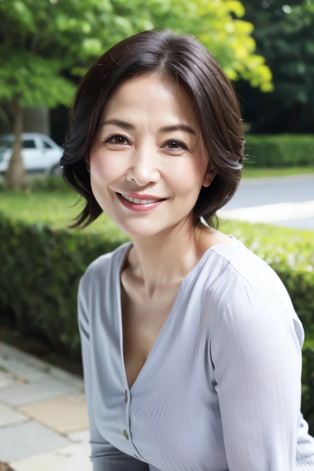 最high quality, In 8K, Masseter muscle area, Lifelike, Sharp focus, high quality, High resolution, Detailed face, Detailed eyes, Thick lips, Background Blur, solo, Middle-aged women, , 55 years old, , Wavy Hair, Cleavage, Wearing a plain short-sleeved knit, Afternoon in front of the park garden, Wrinkles around the eyes, Toothy smile