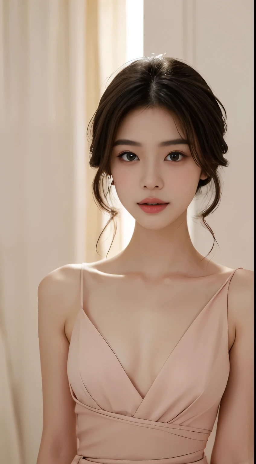 Create a (( mid-shot )) photorealistic image of a beautiful Asian woman with fair, smooth, flawless skin. She has large, round, sparkling eyes with naturally long and curled eyelashes, and well-defined, dark eyebrows. Her nose is straight and high, and her naturally pink, soft lips form a gentle smile. She has short, slightly curled brown hair that highlights her delicate facial features. Her face is oval-shaped, with a wide and high forehead, moderately high cheekbones, and a pointed, slender chin. She is naked that complements her elegant and feminine appearance. (( waist to top))