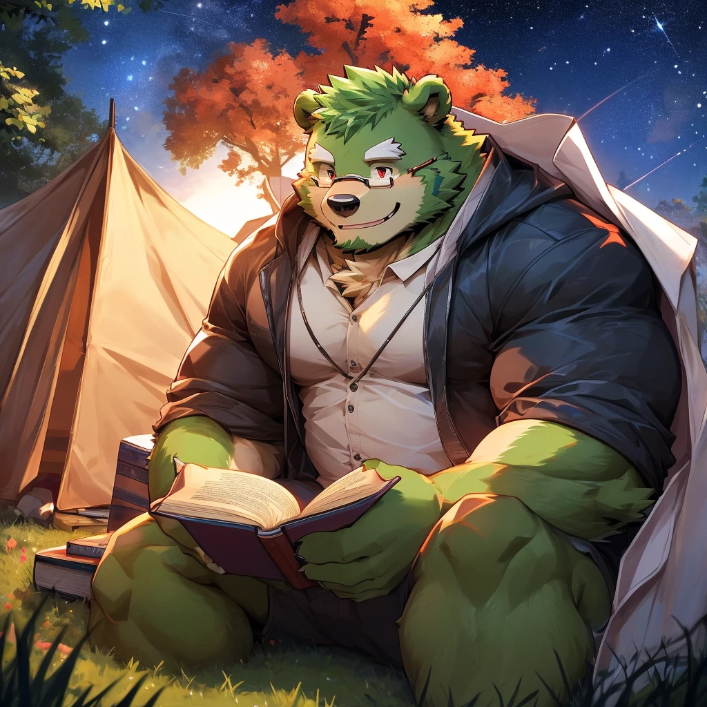 masterpiece, high quality, anime, detailed eyes, male jinpei, anthro, bear, Great physique, strong arms manly, Casual suit, (((green bear))), (((green fur))), green hair, beard, white eyebrows, bald, detailed red eyes, tall, Joyful, (black t-shirt inside), (((white unhooded trench coat ))), by zixiong,Young sits on the grass reading a book, wearing glasses, delicate smile, looking up at the sky, lamp light, whole body, under a huge tree, farther view, a tent in the background, starry sky, illuminated night, photographic effect, 8k, super detailed, hyper realistic.