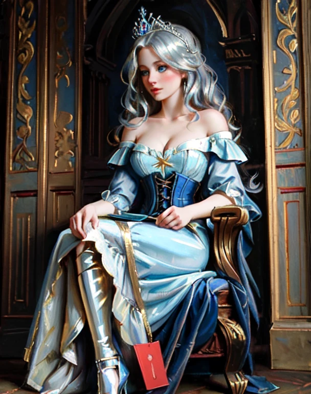 ((Best quality)), ((Masterpiece)), (detailed), Middle Ages, palace background, 1girl, alone, 26 year old, Scandinavian woman, Princess, Golden hair, long wavy hair, bright blue eyes, pale skin, large breasts, tight blue dress, corset, off shoulder, cleavage, silver tiara, blue heels
