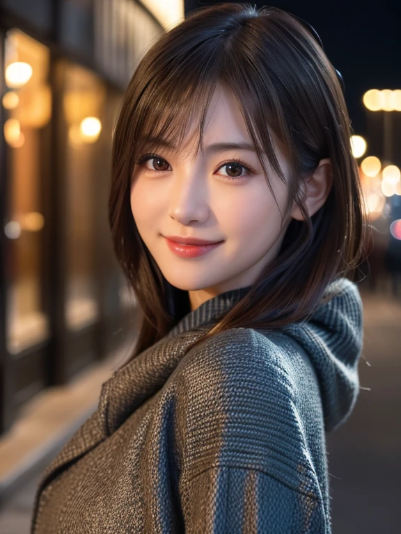 1 Japanese girl,(Winter clothing:1.4), (RAW Photos, highest quality,8K), (Realistic, Realistic:1.4), Very delicate and beautiful, Very detailed, wonderful, In detail, Very detailedなCG Unity, High resolution, Soft Light, 美しくIn detail描かれた19歳の少女, Very detailedな目と顔, Beautiful and detailed nose, Real skin texture、Beautiful details,Cinema Lighting,City lights at night,Perfect Anatomy,Golden Ratio、Slender body,Medium to large breasts、A sparkling smile (Random hairstyle)