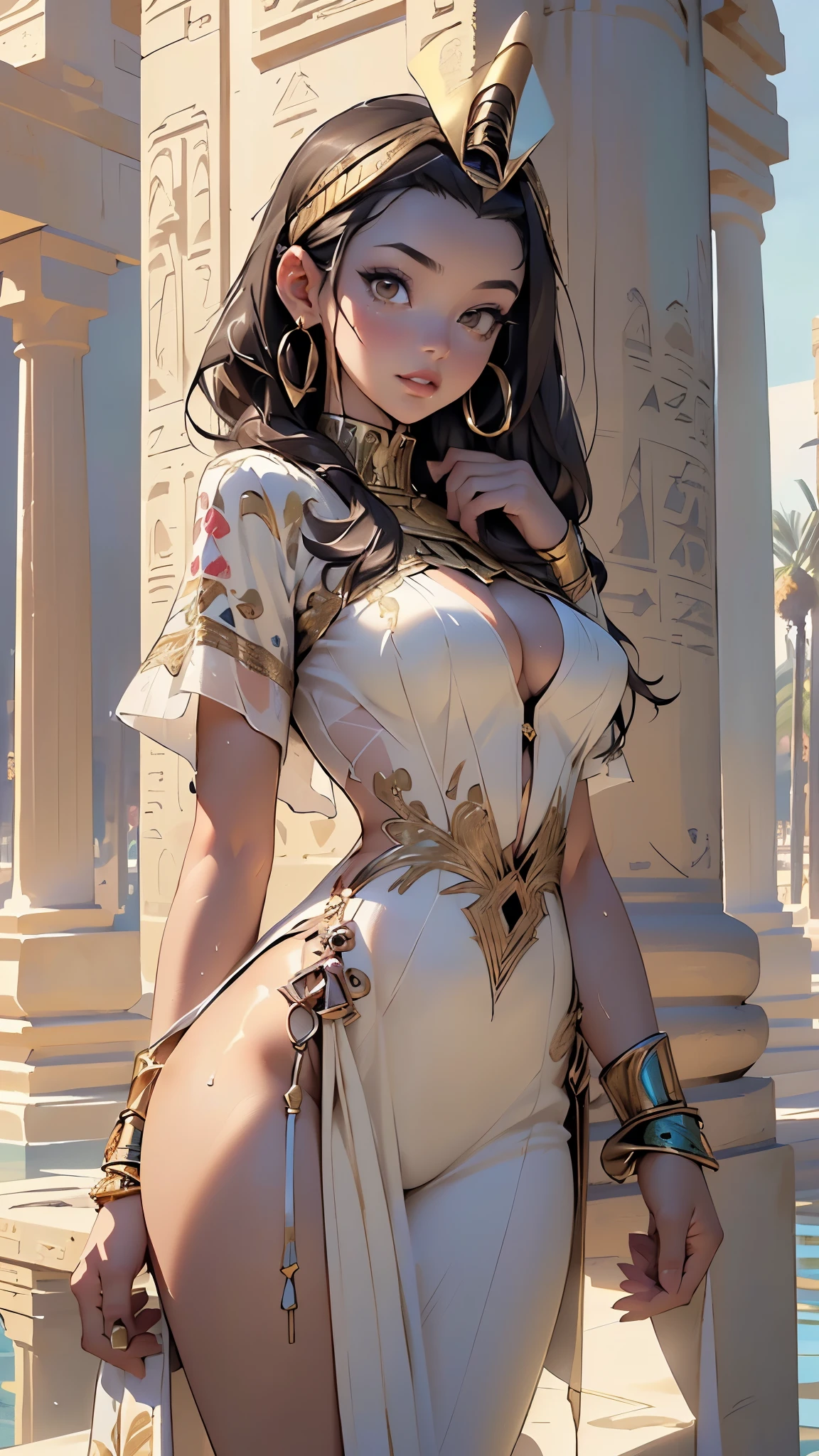 girl from ancient Egypt,1girl,
(large breasts:1.5),((((braid ponytail,dark hair,black hair,long braid,colored inner hair)))),(((gold_eyes:1.3))),intricate eye,beautiful detailed eyes,symmetrical eyes,((((lustrous skin:1.5,bright skin: 1.5,skin tanned,shiny skin,very shiny skin,shiny body)))),(spider lower abdomen,narrow waist,wide hip,athletic body,inflated legs,thick thighs),((detailed face)),beautiful detailed lips,
cute,slutty,sensual,seductive look,seductive,((erotic)),opulent,sumptuous,(((nsfw))),
zettai ryouiki,revealing clothing,show skin,(((underboob))),(barefoot,),egyptian style,(((((bandaged legs:1.5,bandaged arms:1.5,bandaged breasts,white bandage)))),(((egyptian jewelry in her arms))),((eyeshadow,egyptian makeup,eyelid makeup)),(((pelvis curtain))),((loincloth)),(((black clothes,wet clothes,intricate outfit,embroidered outfit,ornate outfit))),
dynamic and seductive pose,looking at viewer,embarrassed,centered,scale to fit dimensions,Rule of thirds,
outdoors,pillars,((pillars background,egyptian palace,egyptian palace background,pyramids in the background)),scenery,extremely scenery,(puddles everywhere,moss,moss on the background), Egypt style,Egypt castle,lily pads,palms,(sunset, golden hour),
(Glossy Egyptian ornaments),highres,sharp focus,(ultra detailed,extremely detailed),(photorealistic artwork:1.37),(extremely detailed CG unity 8k wallpaper),(((vibrant colors,vibrant theme))),(intricate),(masterpiece),(best quality),artistic photography,(photography taken by sldr),(intricate background),perfect rendered face,perfect face details,realistic face,photo realistic,((intricate detail)),(((realism))),