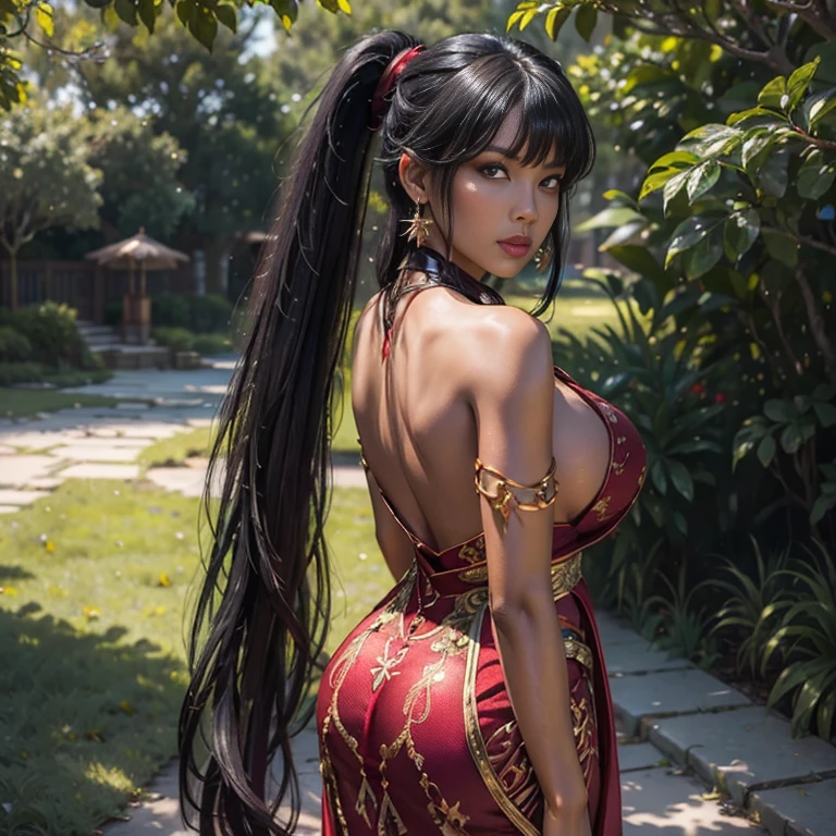 vibrant colors, female, masterpiece, sharp focus, best quality, depth of field, cinematic lighting, long hair, outdoors, earrings, jewelry, black hair, tree, ass, breasts, jewelry, looking at viewer, dress, dark-skinned female, ponytail, dark skin, earrings, red eyes, bangs, looking back, shiny,