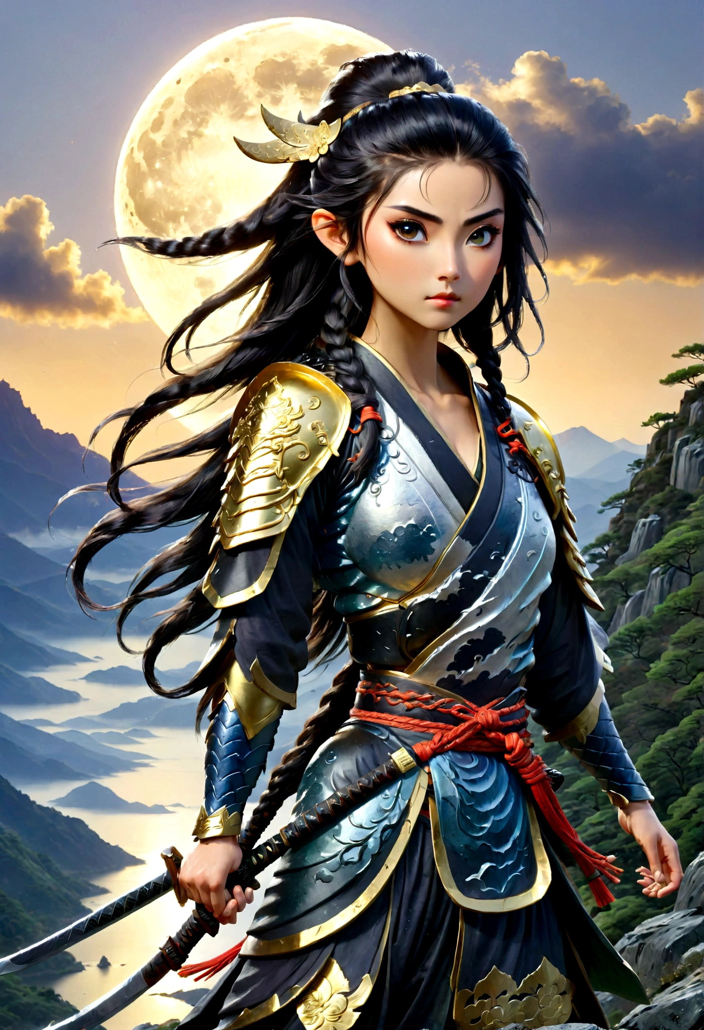 ((water color art: 1.5)), fantasy art, RPG art, dark fantasy art, a female elf samurai, ready to battle, she wears traditional samurai armor, armed with a katana, she stands on top of the mountain at dawn, exquisite beautiful female elf, long hair, black hair, straight hair, braided hair, black eyes, intense eyes, small pointed ears, fantasy mountain top at dawn background, moon, stars, clouds, god rays, soft natural light silhouette, dynamic angle, photorealism, panoramic view, ultra best realistic, best details, 16k, [ultra detailed], masterpiece, best quality, (extremely detailed), photorealism, depth of field,