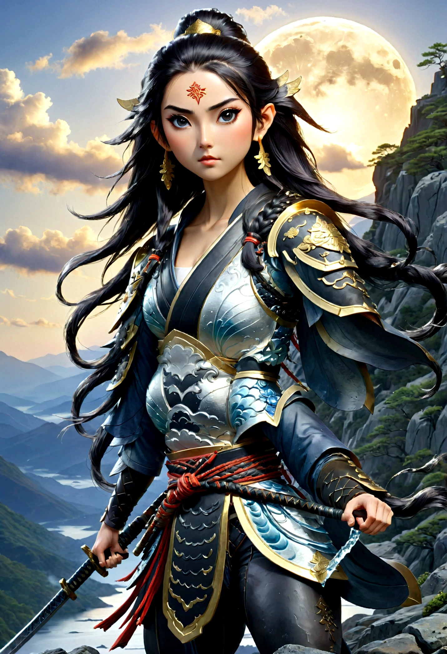 ((water color art: 1.5)), fantasy art, RPG art, dark fantasy art, a female elf samurai, ready to battle, she wears traditional samurai armor, armed with a katana, she stands on top of the mountain at dawn, exquisite beautiful female elf, long hair, black hair, straight hair, braided hair, black eyes, intense eyes, small pointed ears, fantasy mountain top at dawn background, moon, stars, clouds, god rays, soft natural light silhouette, dynamic angle, photorealism, panoramic view, ultra best realistic, best details, 16k, [ultra detailed], masterpiece, best quality, (extremely detailed), photorealism, depth of field,