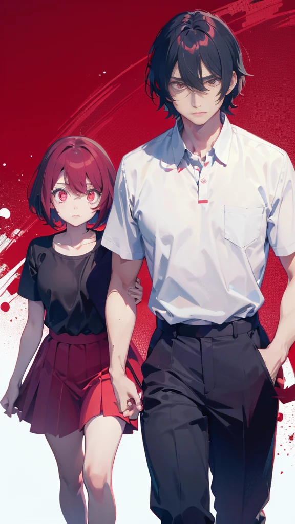 A short bob-haired, red-eyed girl and her father with a young anime face,Walking hand in hand