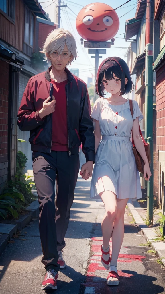 A short bob-haired, red-eyed girl and her father with a young anime face,Walking hand in hand