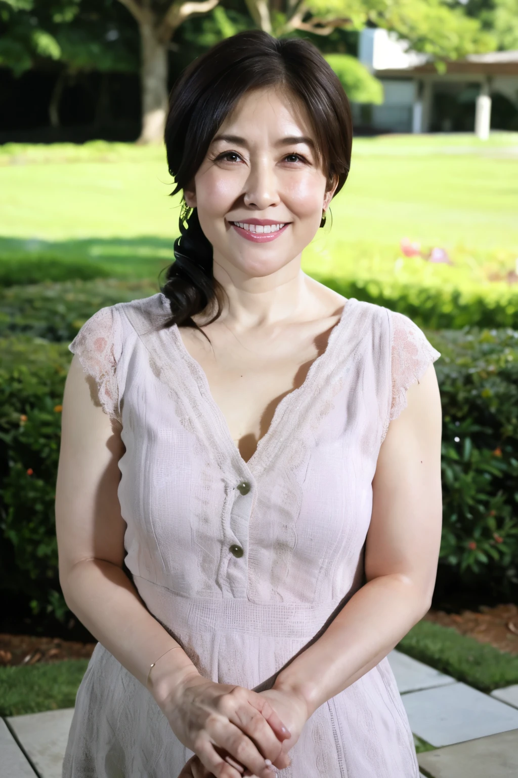 最high quality, In 8K, Masseter muscle area, Lifelike, Sharp focus, high quality, High resolution, Detailed face, Detailed eyes, Thick lips, Background Blur, solo, Middle-aged women, , 55 years old, , Wavy Hair, Cleavage, Wearing a plain short-sleeved knit, Afternoon in front of the park garden, Wrinkles around the eyes, Toothy smile