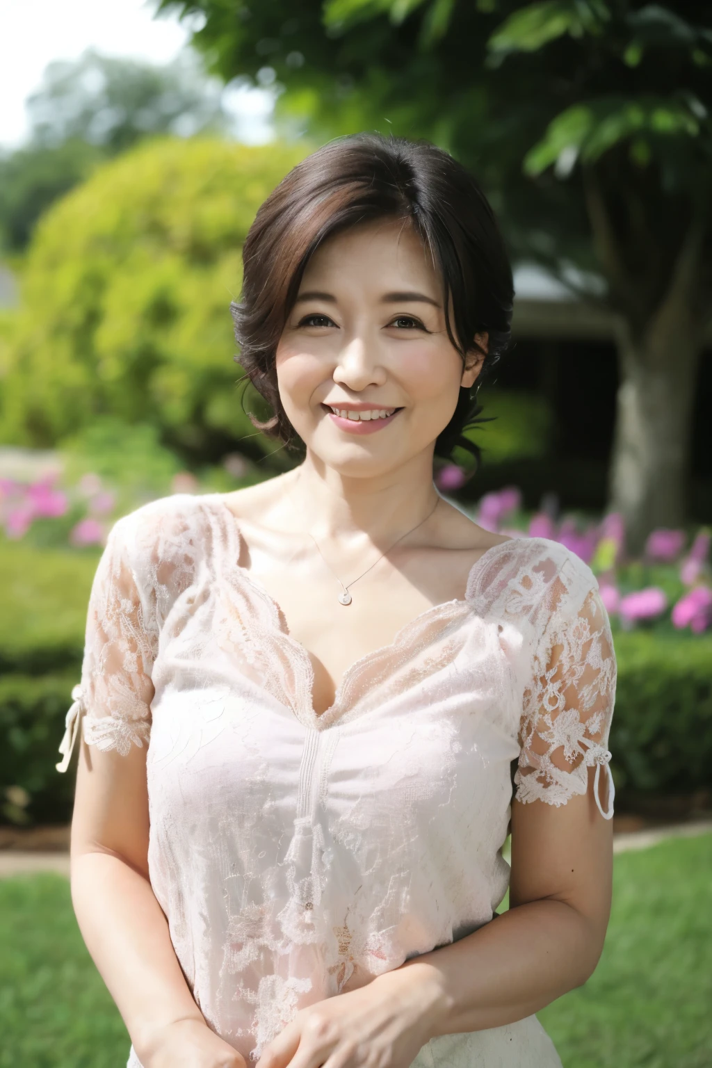 最high quality, In 8K, Masseter muscle area, Lifelike, Sharp focus, high quality, High resolution, Detailed face, Detailed eyes, Thick lips, Background Blur, solo, Middle-aged women, , 55 years old, , Wavy Hair, Cleavage, Wearing a plain short-sleeved knit, Afternoon in front of the park garden, Wrinkles around the eyes, Toothy smile
