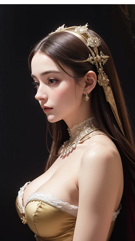 a digital oil painting of beautiful woman in a medieval dress  elegance pose, gorgeous woman, upper body ,gorgeous lady, 17th century duchess, gorgeous beautiful woman, wearing corset, beautiful maiden, corset, wearing elegant Tudor clothes, push up bra ,beautiful breasts ,medium breasts, medium body shot ,dim lighting atmosphere, under exposure 1:3stop ,ancient room 17th century background