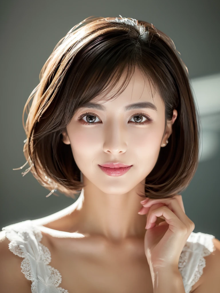 highest quality、8k Masterpiece、superA high resolution、(Photorealistic:1.3)、RAW Photos、1 girl、Black Hair、extremely detailed Glowing Skin、40age、Portrait、Global Illumination、Shadow、Octane Rendering、8k、Super sharp、Beautiful breastetal、Cold colors、Very intricate details、Soft Light、CGSoation Trend、extremely detailed Beautiful Eyes、Shining Eyes、To the camera、Neon Details、extremely detailed Clear skin、short hair、smile、Featured on cosmetics website、Elegance、Photo Studio、short hair、white lingerie、more lighting, photo painting, Picture-perfect, 