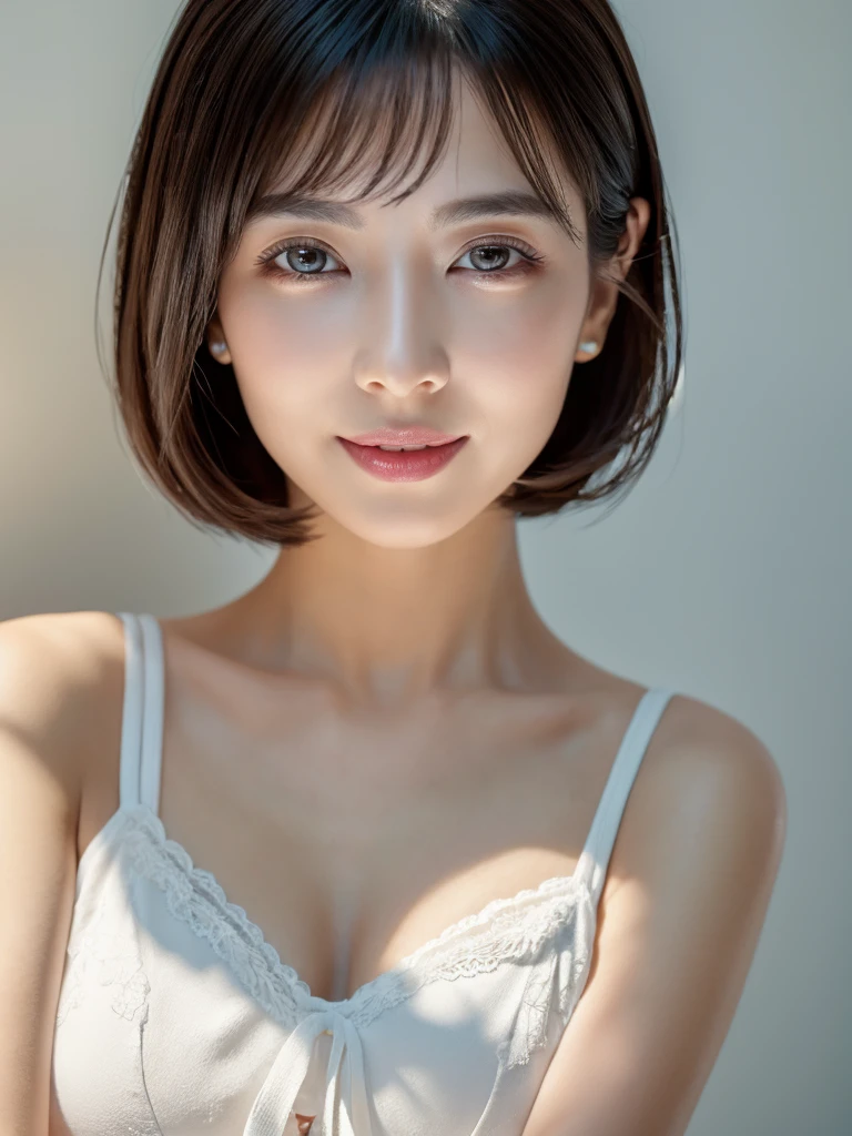 highest quality、8k Masterpiece、superA high resolution、(Photorealistic:1.3)、RAW Photos、1 girl、Black Hair、extremely detailed Glowing Skin、40age、Portrait、Global Illumination、Shadow、Octane Rendering、8k、Super sharp、Beautiful breastetal、Cold colors、Very intricate details、Soft Light、CGSoation Trend、extremely detailed Beautiful Eyes、Shining Eyes、To the camera、Neon Details、extremely detailed Clear skin、short hair、smile、Featured on cosmetics website、Elegance、Photo Studio、short hair、white lingerie、more lighting, photo painting, Picture-perfect, 