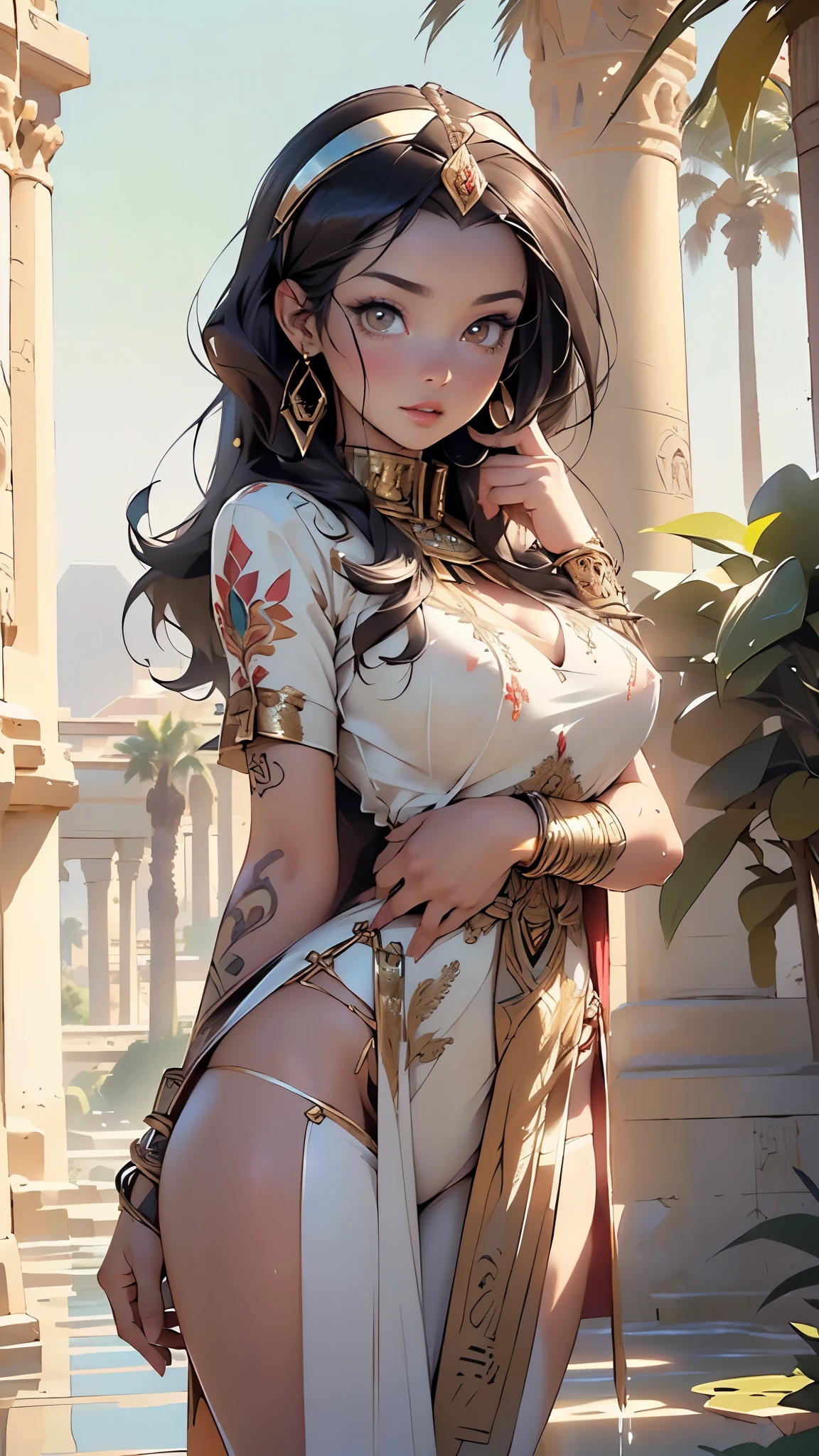 (((Nefertiti))),beautiful queen Nefertiti, egyptian queen, gorgeous woman, egyptian, gorgeous beautiful woman,girl from ancient Egypt,1girl,

(large breasts:1.4),(((brown_eyes:1.3))),intricate eyes,beautiful detailed eyes,symmetrical eyes,((((lustrous skin:1.5,tanned skin,bright skin: 1.5,skin tanned,shiny skin,very shiny skin,shiny body,Reflective skin)))),(spider lower abdomen,narrow waist,wide hip,athletic body,inflated legs,thick thighs,(detailed face)),beautiful detailed lips,((perfect figure :1.2, (round breasts :1.1)),

cute,slutty,sensual,seductive look,seductive,((erotic)),opulent,sumptuous,((nsfw)),

(very detailed clothes:1.2),(elegant ancient Egyptian), ancient Egyptian attire, ((egyptian queen Nefertiti costume,egyptian queen Nefertiti clothes)),(Egyptian clothing,queen of the Egyptian,majesty),Egyptian style,egyptian accessories,(egyptian jewelry in her arms),(((wet clothes,intricate outfit,embroidered outfit,ornate outfit,intricate cloth,embroidered cloth,ornate cloth))),

(flirtatious pose:1.3), looking at viewer,embarrassed,centered,scale to fit dimensions,Rule of thirds,

outdoors,pillars,((pillars background,egyptian palace,egyptian palace background,pyramids in the background)),scenery,extremely scenery,(puddles everywhere,moss,moss on the background), Egypt style,Egypt castle,lily pads,palms,(sunset, golden hour),

(Glossy Egyptian ornaments),highres,sharp focus,(ultra detailed,extremely detailed),(photorealistic artwork:1.37),(extremely detailed CG unity 8k wallpaper),(((vibrant colors,vibrant theme))),(intricate),(masterpiece),(best quality),artistic photography,(photography taken by sldr),(intricate background),perfect rendered face,perfect face details,realistic face,photo realistic,((intricate detail)),(((realism))),
