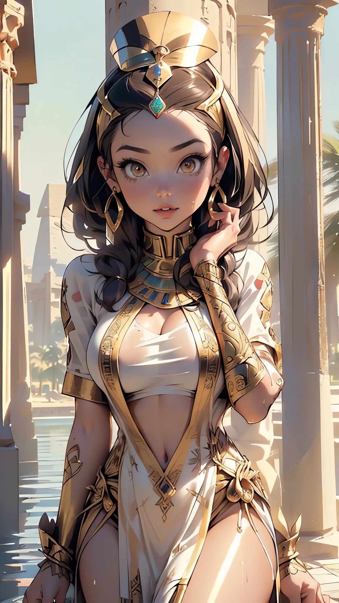 1 woman, beautiful Egyptian woman, 25 years old, wavy brown hair, olive skin, smaller head, brown eyes, toned body, medium breasts, intricate Egyptian clothing, intricate jewelry, masterpiece, ultra HD, realistic masterpiece, blurred background, oasis on the desert, elegant poses, perfect hands, perfect eyes, perfect face, perfect details, sharp focus
