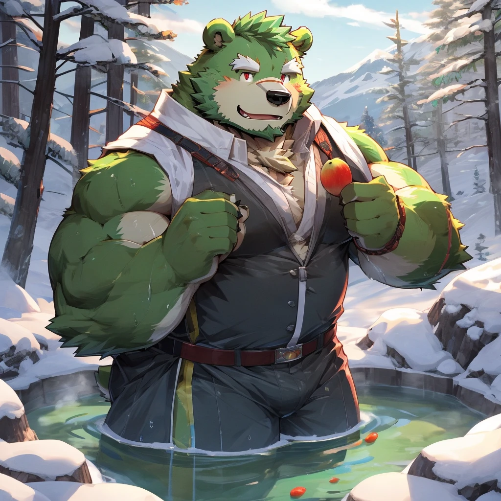 masterpiece, high quality, anime, detailed eyes, male jinpei, anthro, bear, Great physique, strong arms manly, Casual suit, (((green bear))), (((green fur))), green hair, beard, white eyebrows, bald, detailed red eyes, tall, Joyful, , by zixiong, yomama_onsen, hotspring, snow, forest, outdoor, rock, scenary, steam, (partially submerged), mount fuji, ( fruits)