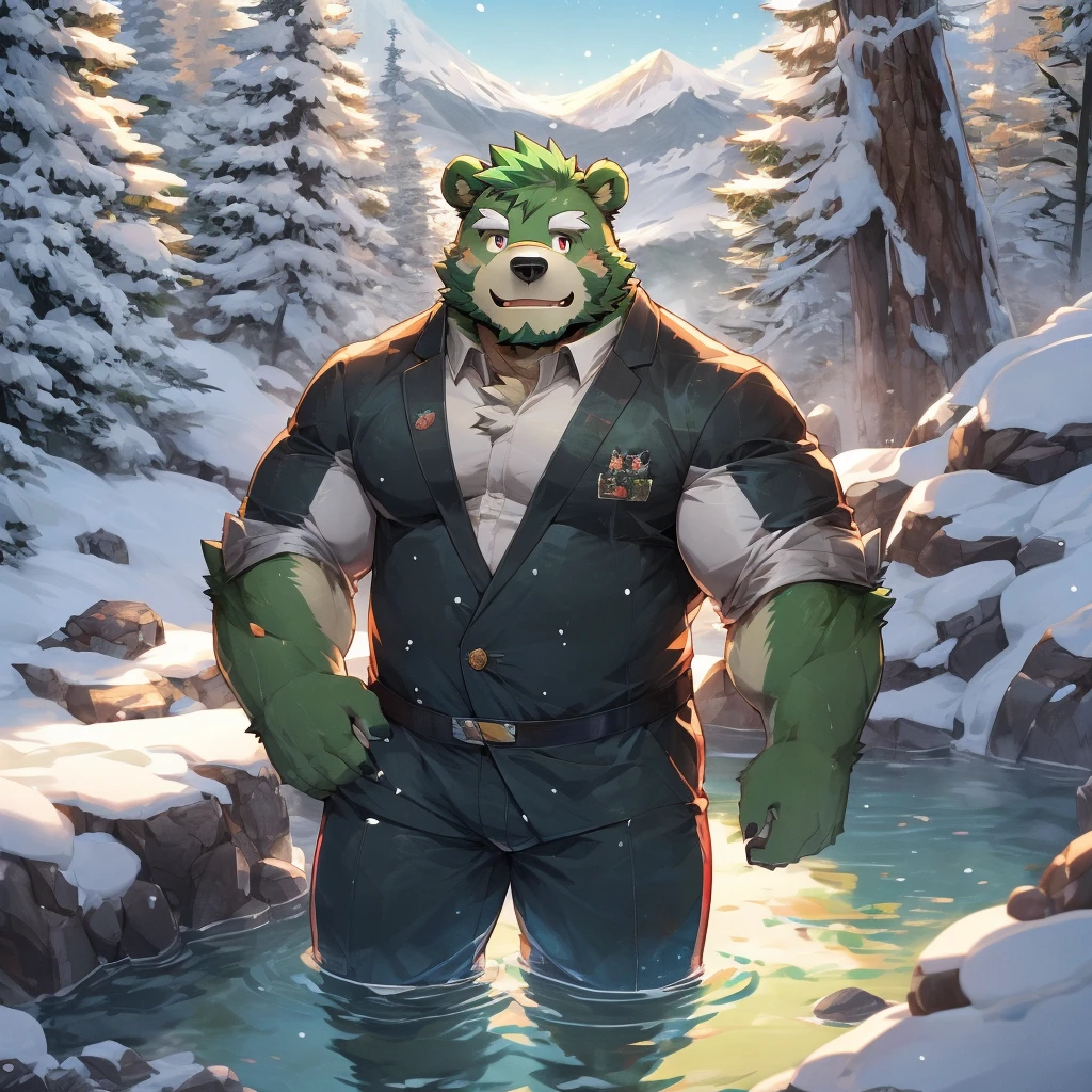 masterpiece, high quality, anime, detailed eyes, male jinpei, anthro, bear, Great physique, strong arms manly, Casual suit, (((green bear))), (((green fur))), green hair, beard, white eyebrows, bald, detailed red eyes, tall, Joyful, , by zixiong, yomama_onsen, hotspring, snow, forest, outdoor, rock, scenary, steam, (partially submerged), mount fuji, ( fruits)