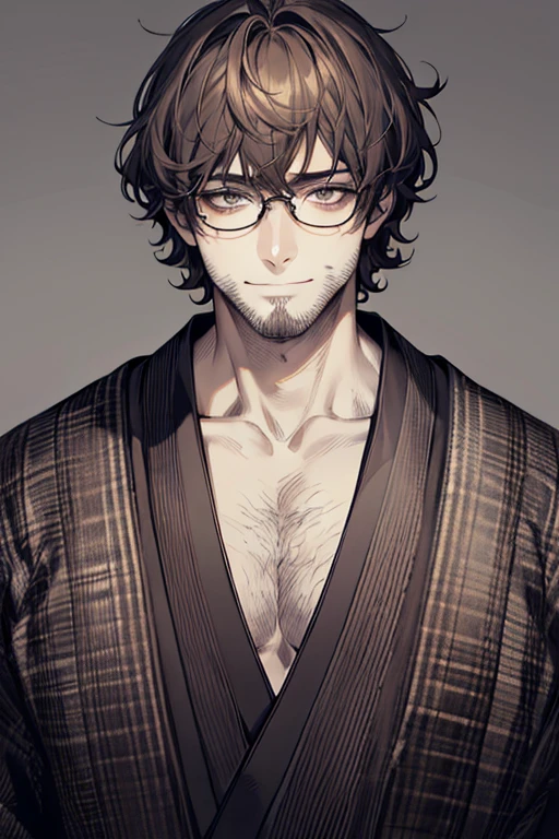 48-year-old boy, 1 person, Warm Skin, Kind eyes, Mature Face,Portraiture, Short brown hair, Face focus, Adult, kimono, ((Bare chest:0.7)), Plain Kimono, A haggard smile, highest quality, Facial details., whole body, Lean body type, Glasses, Shaggy Hair, Perm, Single color background, front, Masterpiece, representative work, Thin beard, goutee, Front, Worried brow