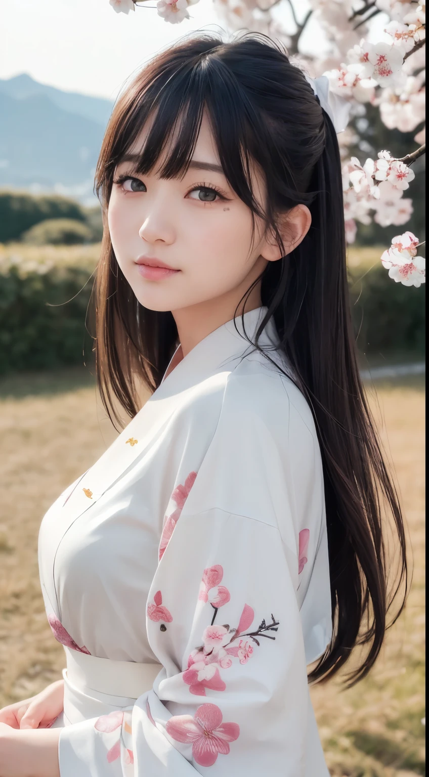 (logo、masterpiece、8k、Tabletop、RAW Photos、wonderful、最high quality、Realistic、Very detailed CG 統合 8k 壁紙、high quality、Very detailed、Narrative poem、Particle Effects、Dynamic Effects、Written boundary depth、Cinematic Light、Lens flare、Ray Tracing)、Fantasy、 (1 Beauty、White kimono、Japanese Clothing、White cherry blossom pattern、White cherry blossom embroidery pattern、Black-haired、Beautiful Face、True Face、Beautiful details in the eyes、Beautiful Skin)、Hair flutters in Wind、Hair bounces、Pink cherry blossom tree、Petals flutter、SakuraFubuki、wonderful景色、Morning Glow、Sun in the background、Wind、god々、teeth、god話、Vast land、