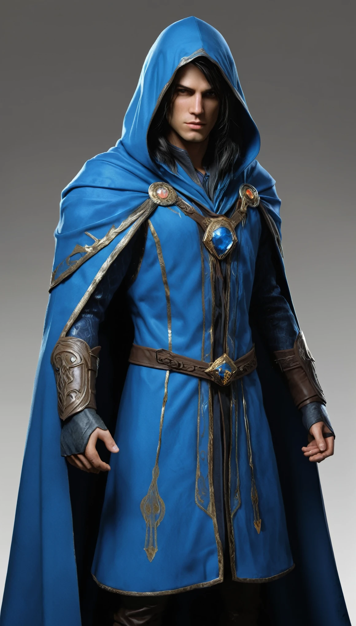 This male mage, human race , long black hair, lets you convince a beast that you mean no harm. choose a staff that you can see within range. blue cape, blue robe, she must see and hear you. if the beast's intelligence is 4 or higher, a magia falha. otherwise, the beast must succeed on a wisdom saving throw or be charmed by you for the spell's duration. if you or one of your companions harm the target, a magia termina.