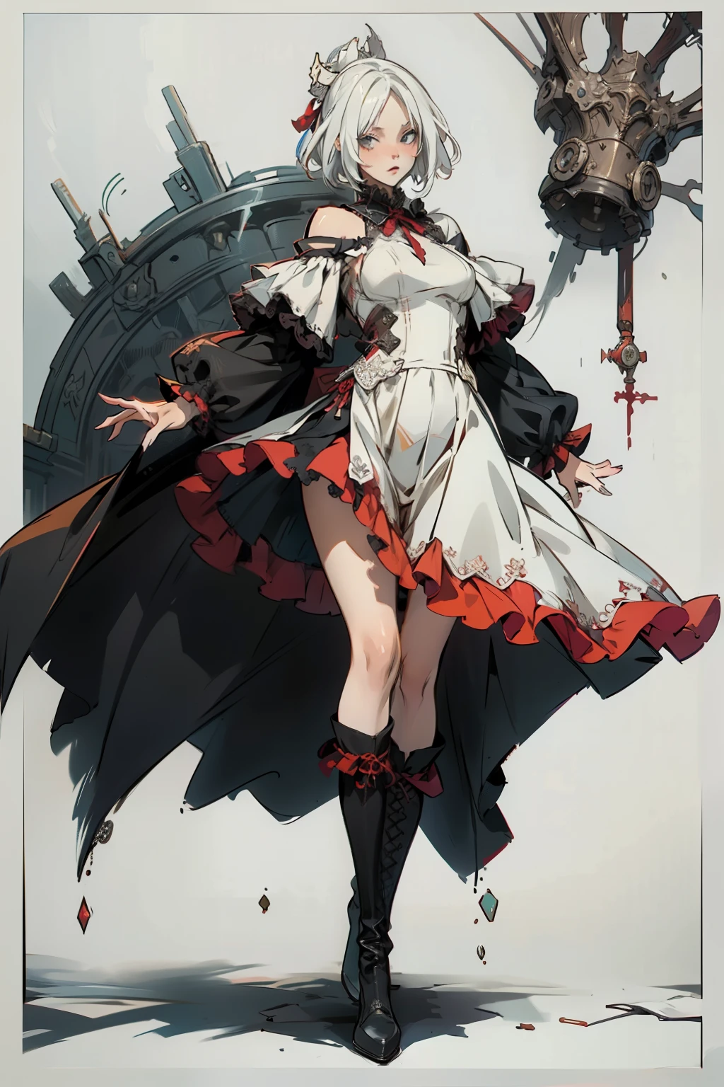(((masutepiece, of the highest quality, super detailed))), a knight, white background, plain background, Bloodborne inspired, Bloodborne, occult aesthetic, occult, NSFW, red and white clothing detailed and intricate steampunk and detailed gothic, NSFW, Complex mechanical boots above the knee, Fluttering lace flared mini skirt, Fluttering lace flared long knee length dress with frilly petticoats, knee length dress, pleated petticoats, petticoats gothic, complex lace boots, NSFW, beautiful small breasts, Silver hair swaying in the wind, Emitting a dazzling light in a mandala pattern, white background, Very dramatic and cinematic lighting, red and white clothing, full body, whole body, body, cosmic horror