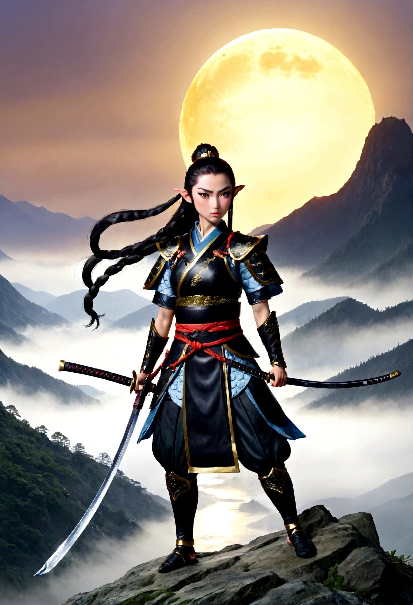 ((water color art: 1.5)), fantasy art, RPG art, dark fantasy art, a female elf samurai, ready to battle, she wears traditional samurai armor, armed with a katana, she stands on top of the mountain at dawn, exquisite beautiful female elf, long hair, black hair, straight hair, braided hair, black eyes, intense eyes, small pointed ears, fantasy mountain top at dawn background, moon, stars, clouds, god rays, soft natural light silhouette, dynamic angle, photorealism, panoramic view, ultra best realistic, best details, 16k, [ultra detailed], masterpiece, best quality, (extremely detailed), photorealism, depth of field,
