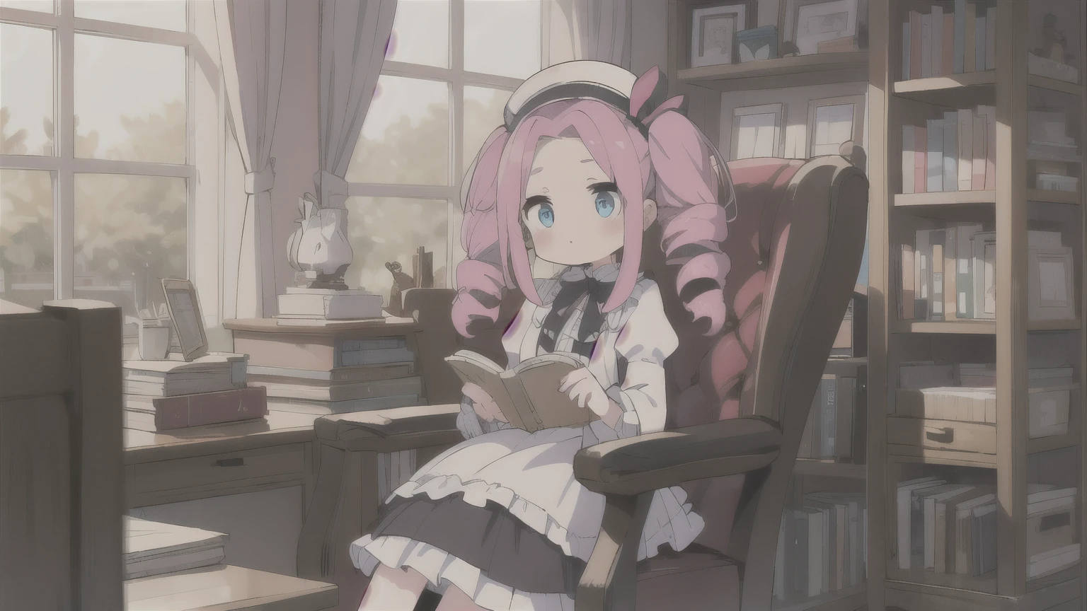 One Woman、young、blue eyes、Pink Hair、Long Hair、Drill-shaped twin-tail hairstyle、Wear a brim、Sit on a chair、I read a book、White Lolita Fashion