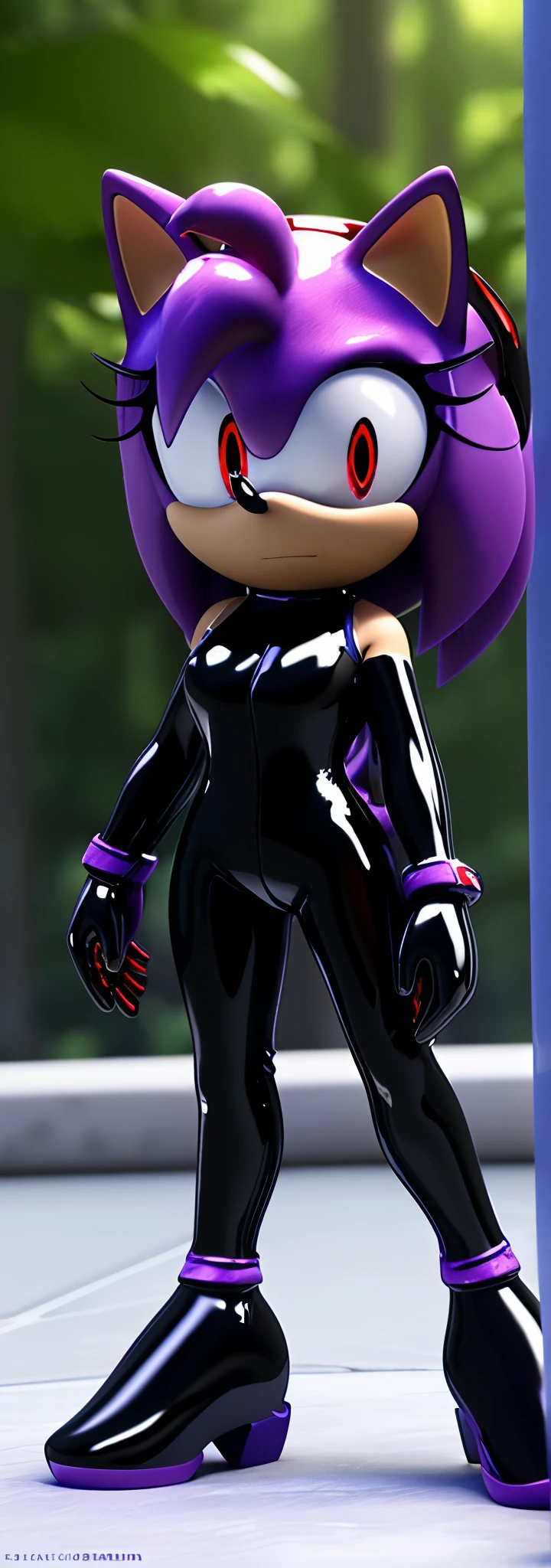 Solo, 1girl, full body image, rendered in SFM, ((sonic oc:1)), from sonic, high detail iconic character, in the new action-movie sonic, knothole forest, official render, 3d render official art, toon shader, ((female)), (((purple hedgehog))), ((shiny)) (medium purple fur:1.7), (((Amy rose style quills with gradient indigo tips1.6))), (((metallic purple eyeliner))) ((deep red eyes:1.5)), ((blank, emotionless expression)), ray trace 4 k, ray trace 4k, (((glossy black latex bodysuit:1.5)))