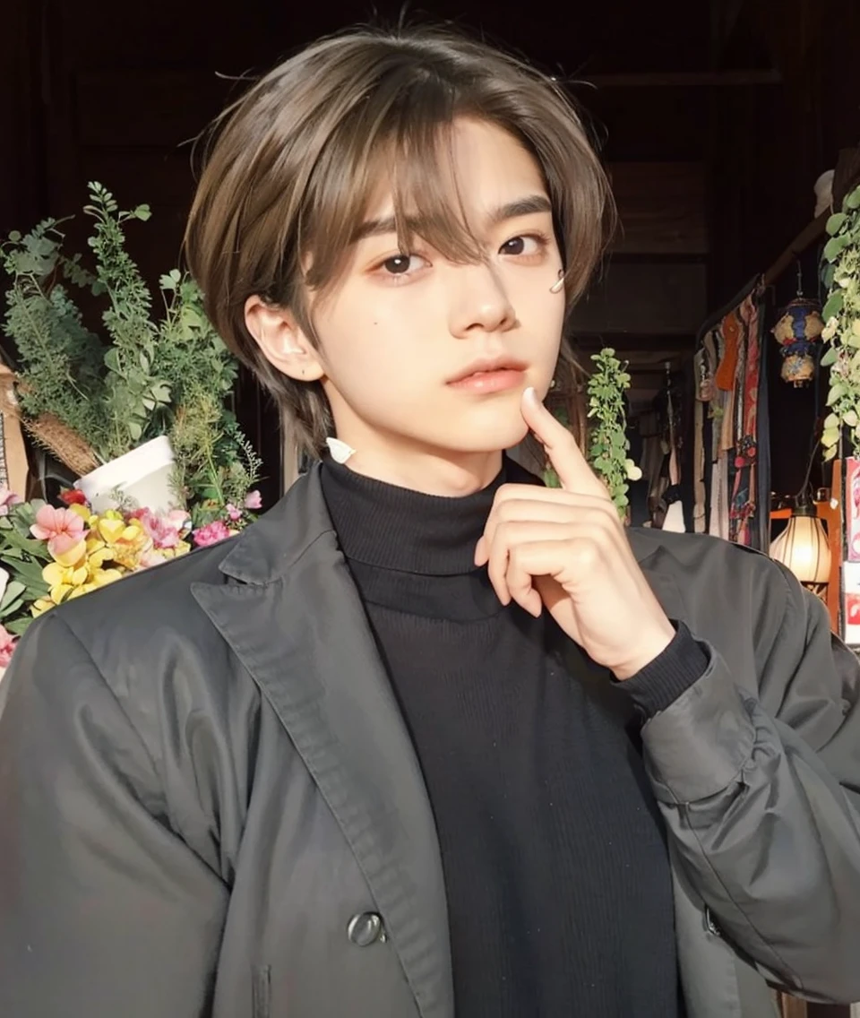 Brown hair separated on right eye, peridot eyes, black turtle neck, realistic male, 18 years old Japanese,  grey coat