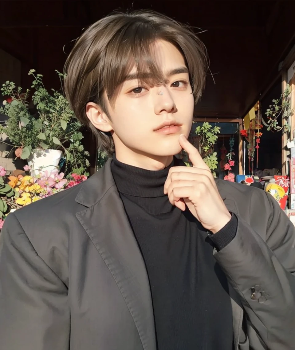 Brown hair separated on right eye, peridot eyes, black turtle neck, realistic male, 18 years old Japanese, grey coat