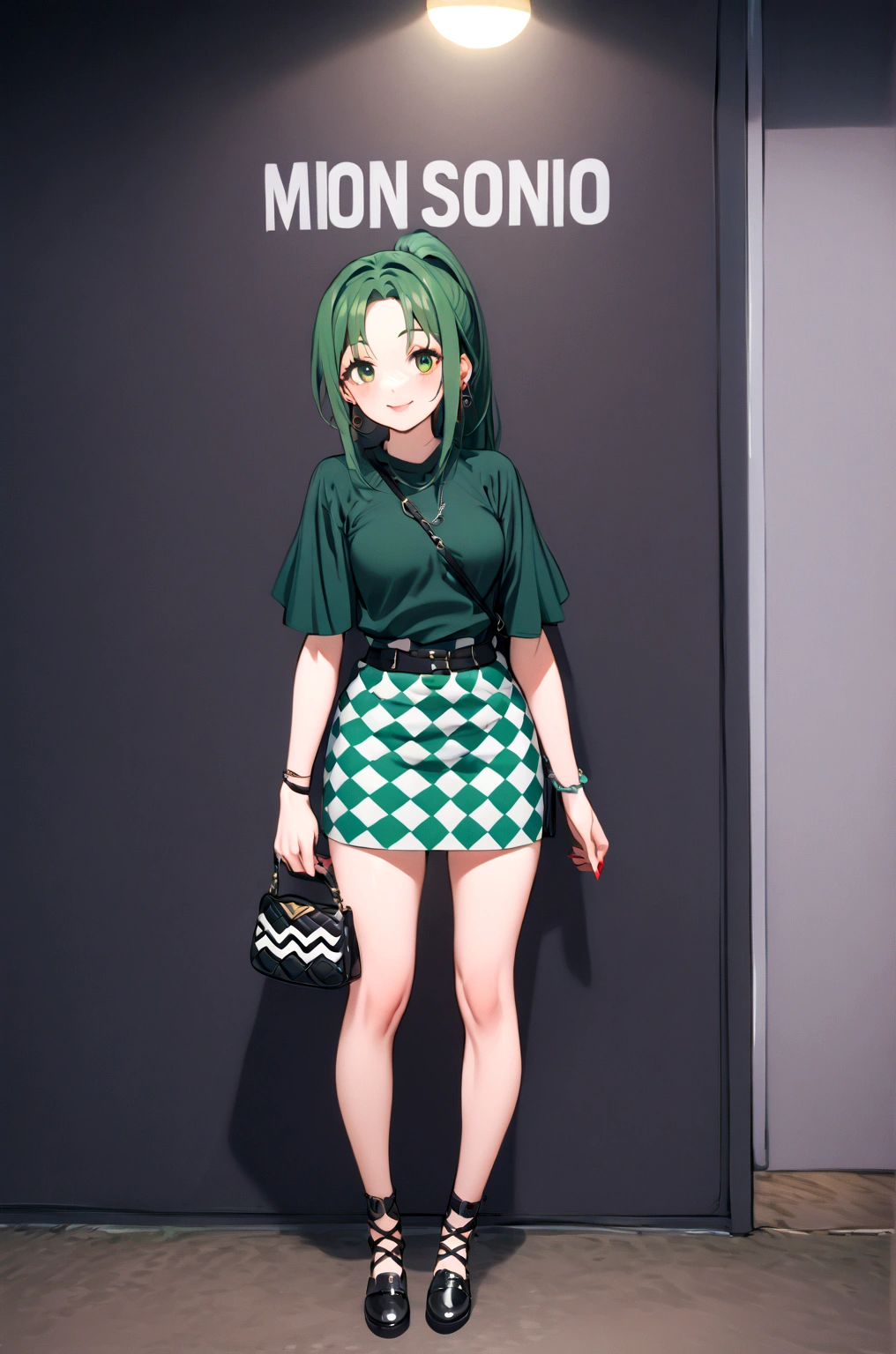 One girl, alone, Mion Sonozaki, green eyes, ponytail, green hair looking at viewer, skirt, shirt, black hair, jewelry, standing, full body, short sleeves, earrings, shorts, bag, nail polish, black footwear, bracelet, red nails, handbag, green shirt