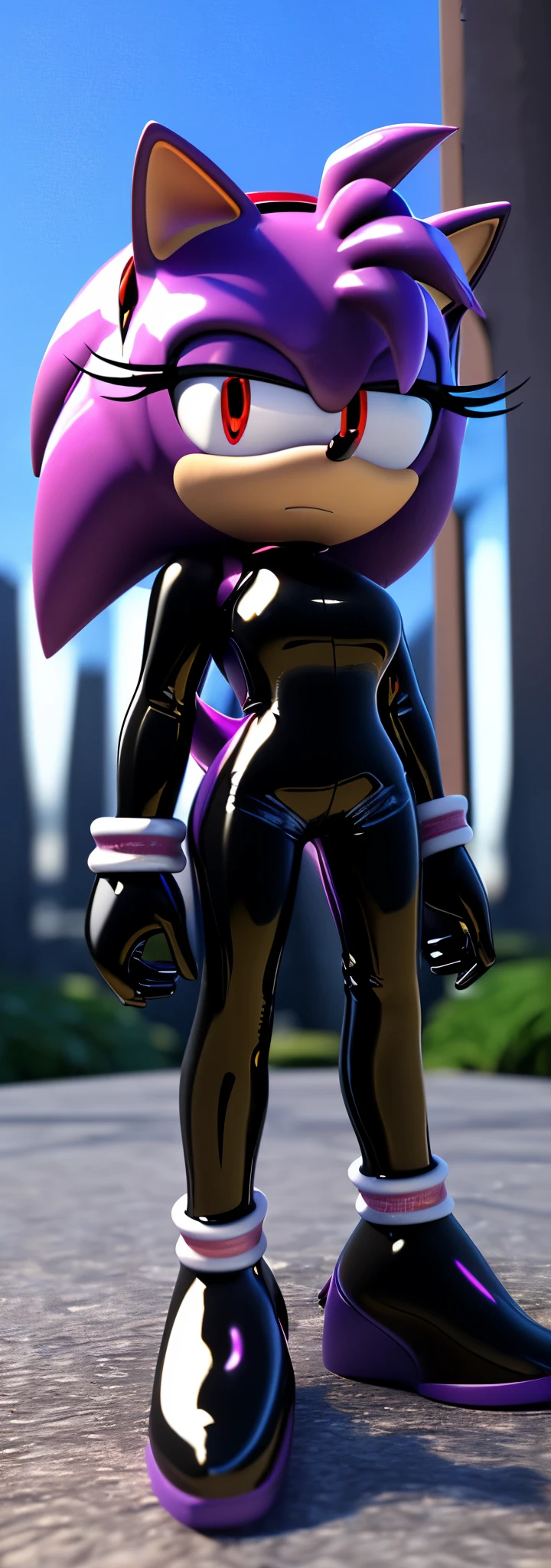 Solo, 1girl, full body image, rendered in SFM, ((sonic oc:1)), from sonic, high detail iconic character, in the new action-movie sonic, knothole forest, official render, 3d render official art, toon shader, ((female)), (((purple hedgehog))), ((shiny)) (medium purple fur:1.7), (((Amy rose style quills with gradient indigo tips1.6))), (((metallic purple eyeliner))) ((deep red eyes:1.5)), ((blank, emotionless expression)), ray trace 4 k, ray trace 4k, (((glossy black latex bodysuit:1.5)))