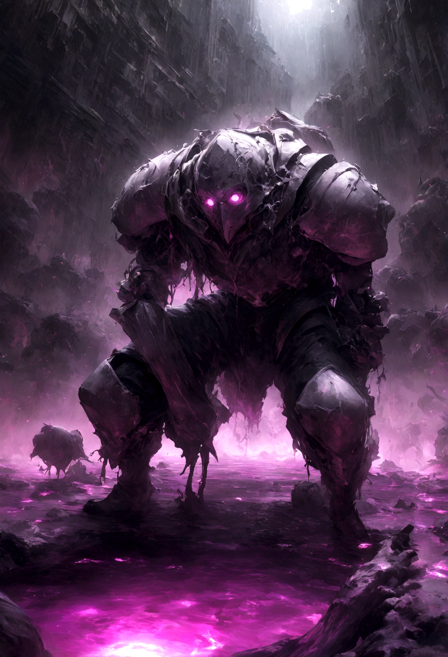breathtaking cinematic science fiction photo of a portrait of a non human masked Grim dressed as a alchemist wrapped in chemicals, body full glowing metrics in the armour, glowing  eyes, l metallic arms, standing in the middle of a chemical spill, daylight, extremely menacing creature, highly detailed, award-winning