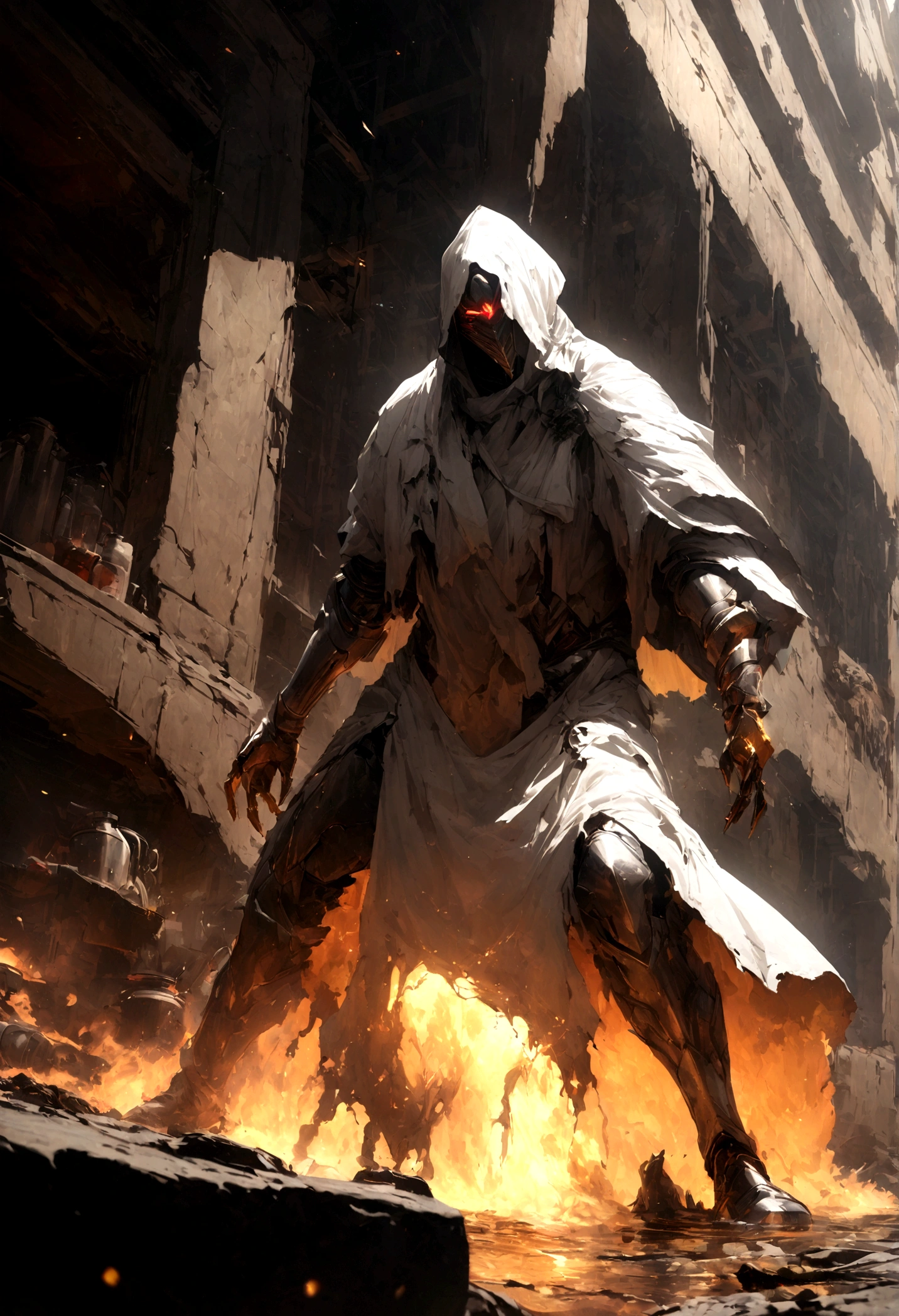 breathtaking cinematic science fiction photo of a portrait of a non human masked Grim dressed as a alchemist wrapped in chemicals, body full glowing metrics in the armour, glowing eyes, l metallic arms, standing in the middle of a chemical spill, daylight, extremely menacing creature, highly detailed, award-winning
