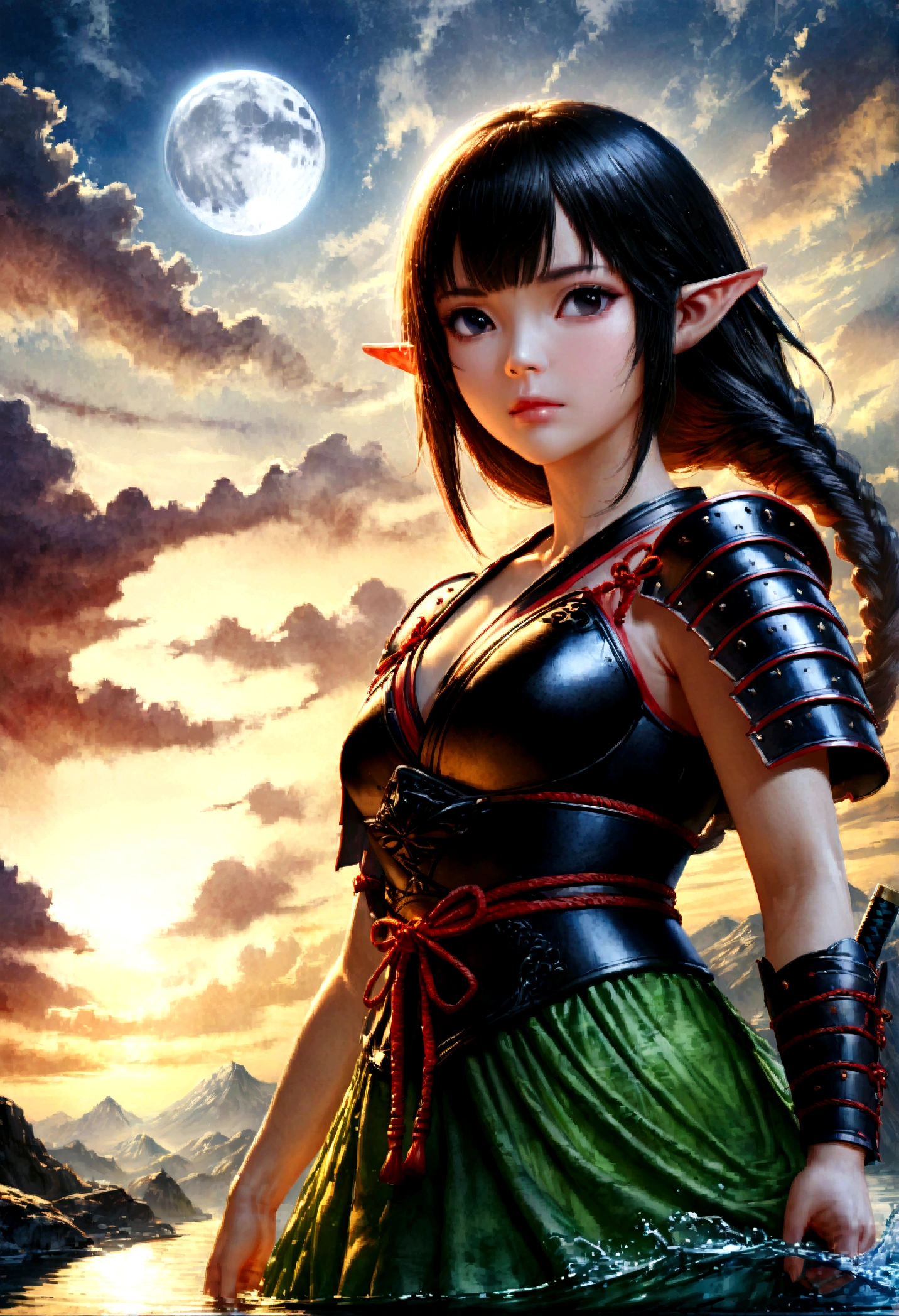 ((water color art: 1.5)), fantasy art, RPG art, dark fantasy art, a female elf samurai, ready to battle, she wears traditional samurai armor, armed with a katana, she stands on top of the mountain at dawn, exquisite beautiful female elf, long hair, black hair, straight hair, braided hair, black eyes, intense eyes, small pointed ears, fantasy mountain top at dawn background, moon, stars, clouds, god rays, soft natural light silhouette, dynamic angle, photorealism, panoramic view, ultra best realistic, best details, 16k, [ultra detailed], masterpiece, best quality, (extremely detailed), photorealism, depth of field,