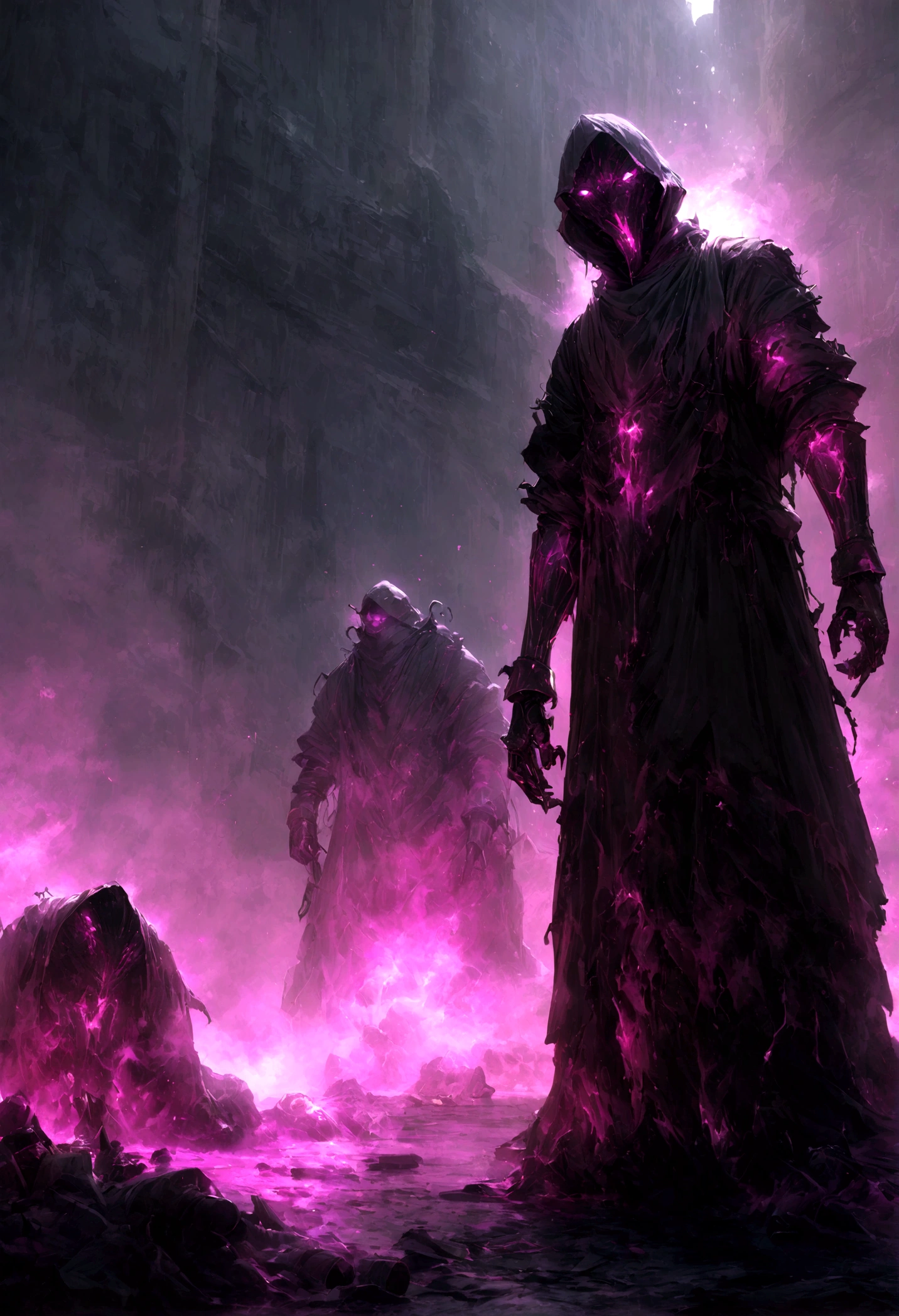 breathtaking cinematic science fiction photo of a portrait of a non human masked Grim dressed as a alchemist wrapped in chemicals, body full glowing metrics in the armour, glowing eyes, l metallic arms, standing in the middle of a chemical spill, daylight, extremely menacing creature, highly detailed, award-winning