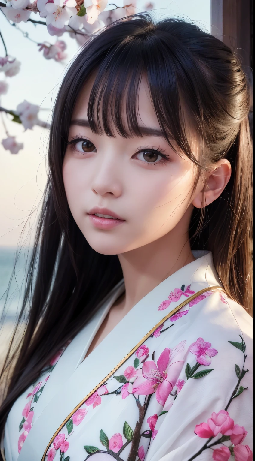 (logo、masterpiece、8k、Tabletop、RAW Photos、wonderful、最high quality、Realistic、Very detailed CG 統合 8k 壁紙、high quality、Very detailed、Narrative poem、Particle Effects、Dynamic Effects、Written boundary depth、Cinematic Light、Lens flare、Ray Tracing)、Fantasy、 (1 Beauty、White kimono、Japanese Clothing、White cherry blossom pattern、White cherry blossom embroidery pattern、Black-haired、Beautiful Face、True Face、Beautiful details in the eyes、Beautiful Skin)、Hair flutters in Wind、Hair bounces、Pink cherry blossom tree、Petals flutter、SakuraFubuki、wonderful景色、Morning Glow、Sun in the background、Wind、god々、teeth、god話、Vast land、