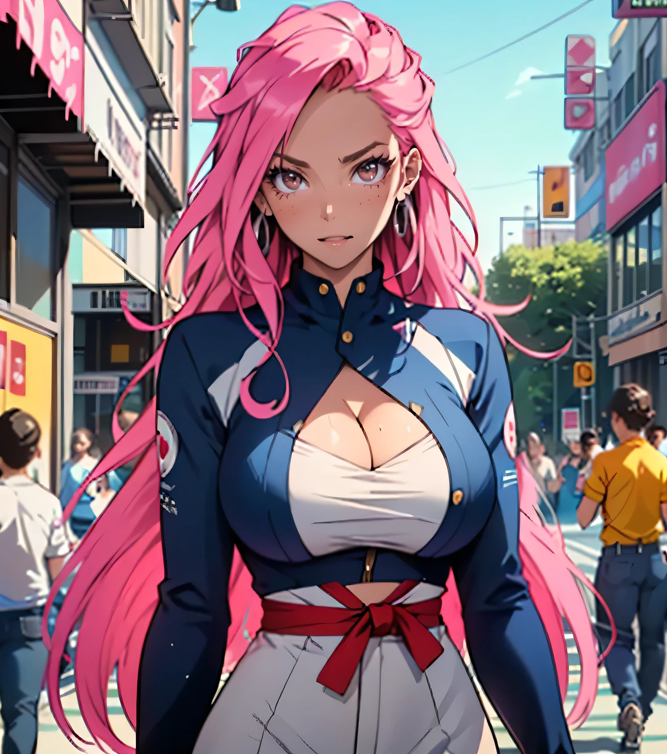 Pixel art,  A pink-haired, long whitr hair,animification, sandbeach, Stand on the bustling streets，White skin of the，Deep V skinny dress，cleavage， boobgasm, huge boob，huge tit，figure, blue color eyes，gentle