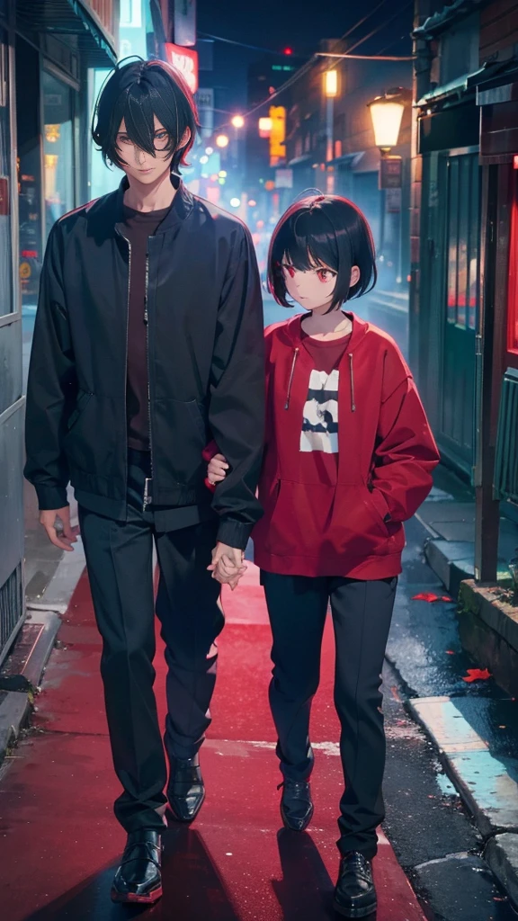 A short bob-haired, red-eyed  and black hair men,Walking hand in hand