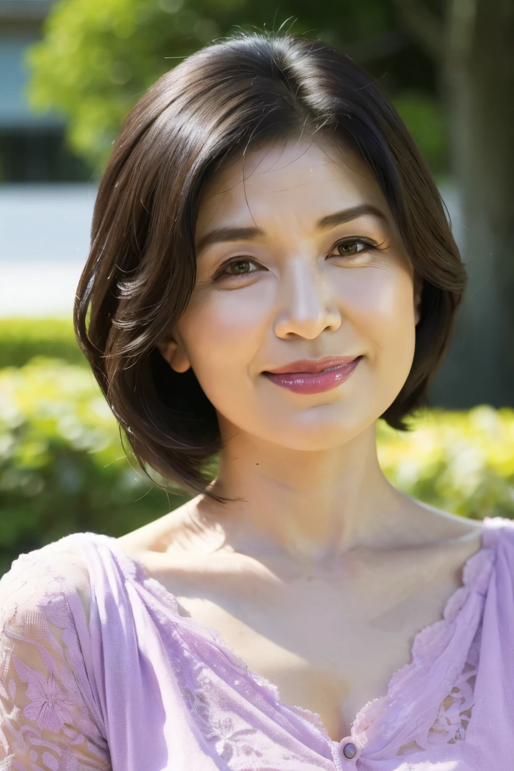 最high quality, In 8K, Masseter muscle area, Lifelike, Sharp focus, high quality, High resolution, Detailed face, Detailed eyes, Thick lips, Background Blur, solo, Middle-aged women, , 55 years old, , Wavy Hair, Cleavage, Wearing a plain short-sleeved knit, Afternoon in front of the park garden, Wrinkles around the eyes, Toothy smile