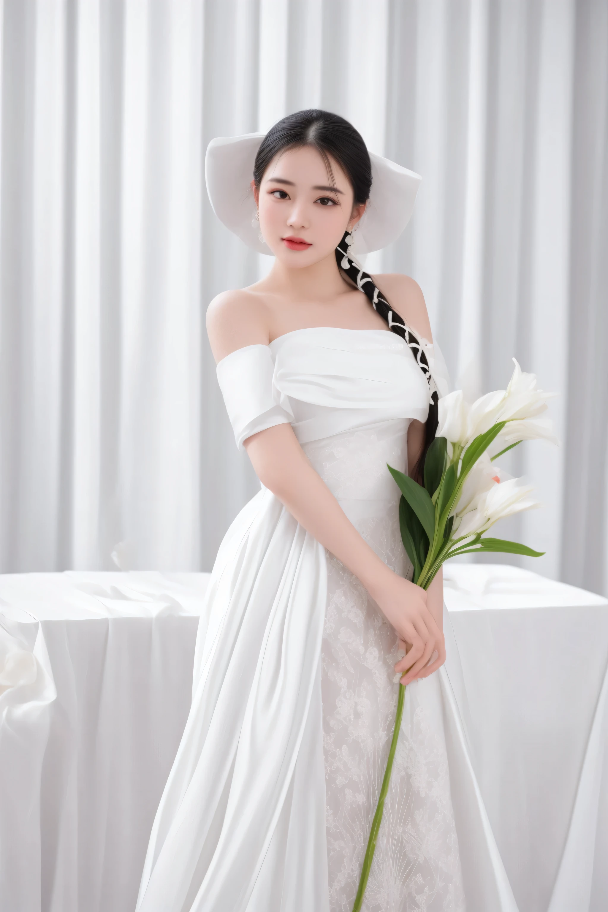 there is a woman in a white dress holding a flower, ao dai, white hanfu, jia, in style of lam manh, white gown, 165 cm tall, sha xi, phuoc quan, 155 cm tall, eora, inspired by Dai Xi, a beautiful woman in white, wearing long gown, milky white skin