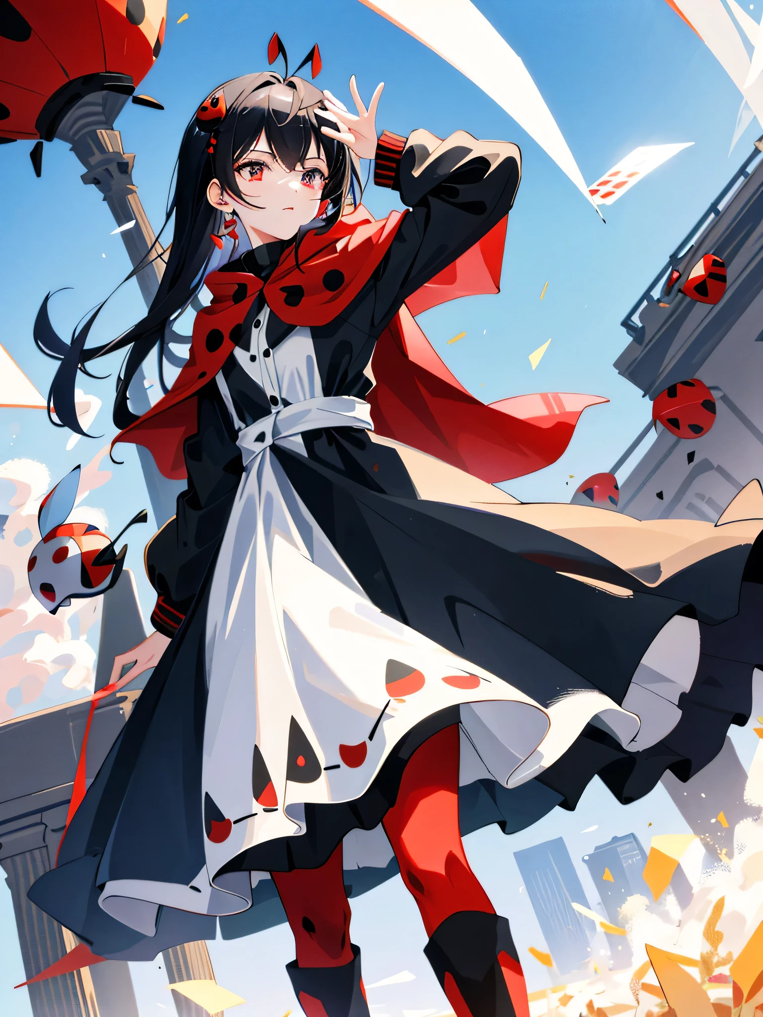 best quality, 1 full-length girl, in tight-fitting red ladybug-dotted clothes. with red boots on black dots, black hair, with two black antennae on the head like an insect, blue eyes, with a mask of red eyes on dots like a ladybug, a ladybug suit, chest inscription "LB", a cape with dots like a ladybug, developing in the wind, dollars flying around the girl, in the background the Statue of Liberty in New York