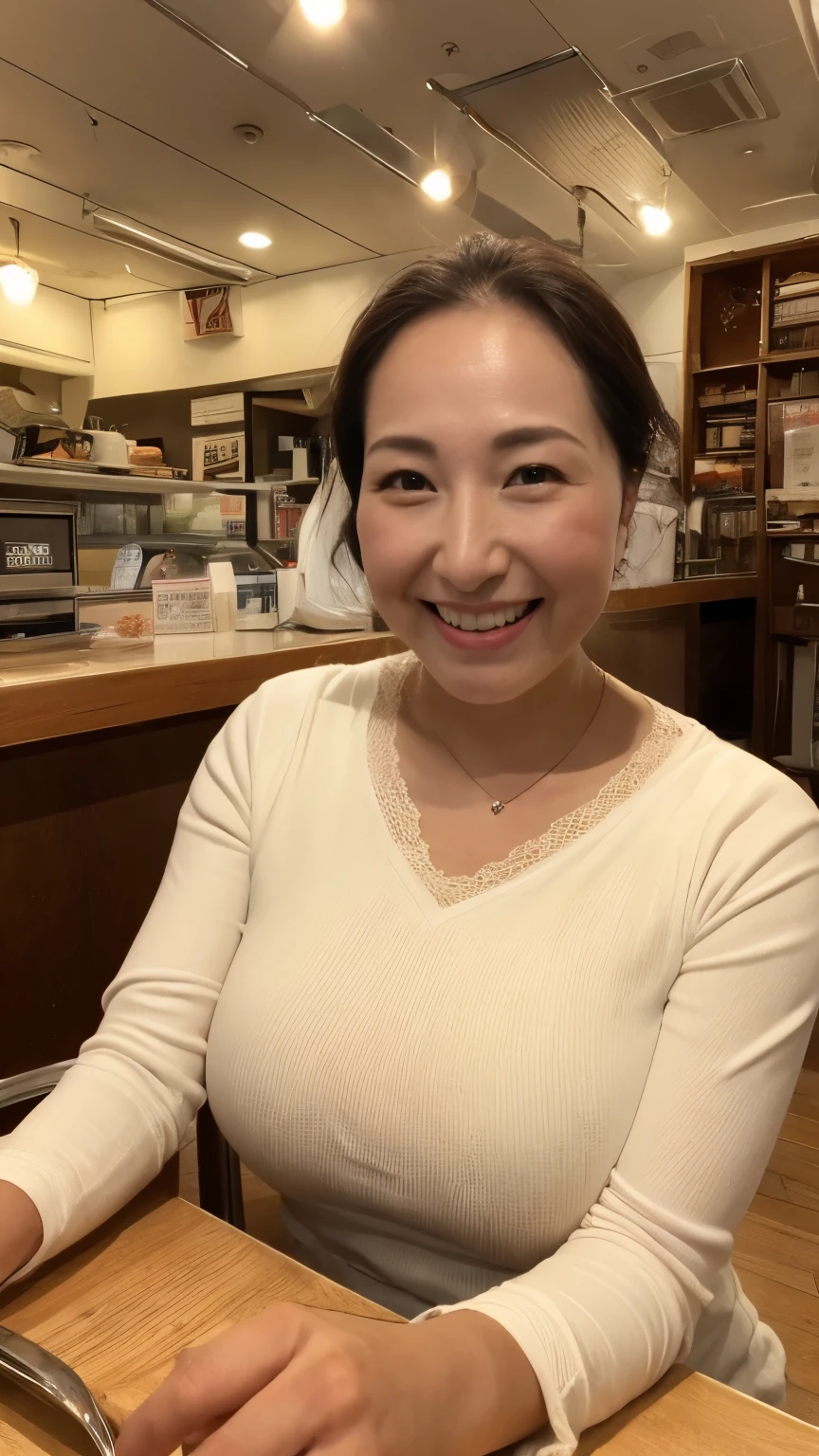 Girl, Fit the top of your head to the screen, Focused, Sitting in a coffee shop, Background Blur, gravure, Toothy smile, highest quality, Very detailed, Realistic, Ultra-dense skin, Anatomically correct, , , 110 years old, , , , , Pure white skin, Looking at the audience,