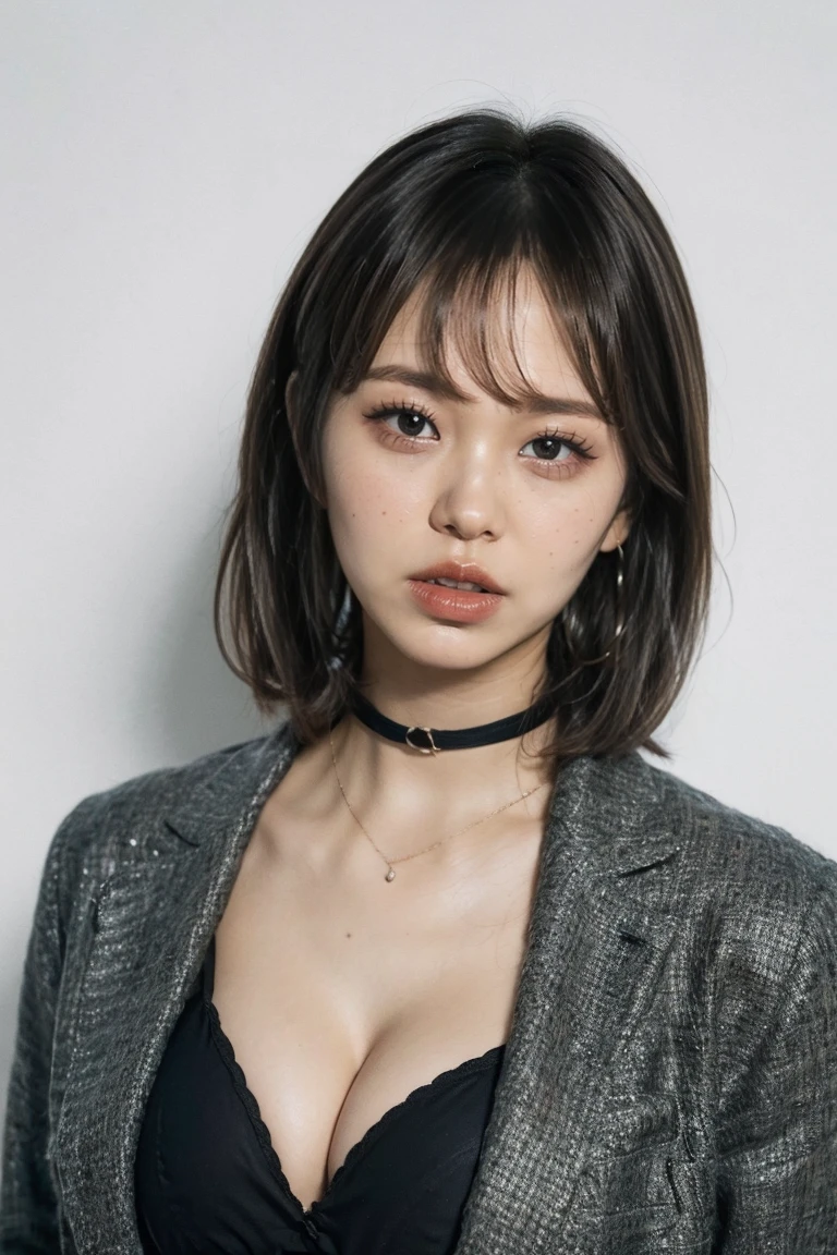 (highest quality,8k,32k,masterpiece,Ultra-high resolution:1.2), (Captures the entire image, even above your head:1.5), ((Mouth closed,Sexy expression:1.2)), ((Medium Hair,Beautiful bangs:1.5)), Positive, Professional Lighting, Flash photography, Shaded photo,((Cleavage:1.5)),((large breast)), (whole body:1.2),Choker Necklace, Plain grey background, ((Black tailored jacket:1.2)), ((I'm not wearing underwear:2.0))